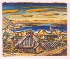 Japanese Modernist Painting of a Seaside Village by Torao Ataka Dated 1930