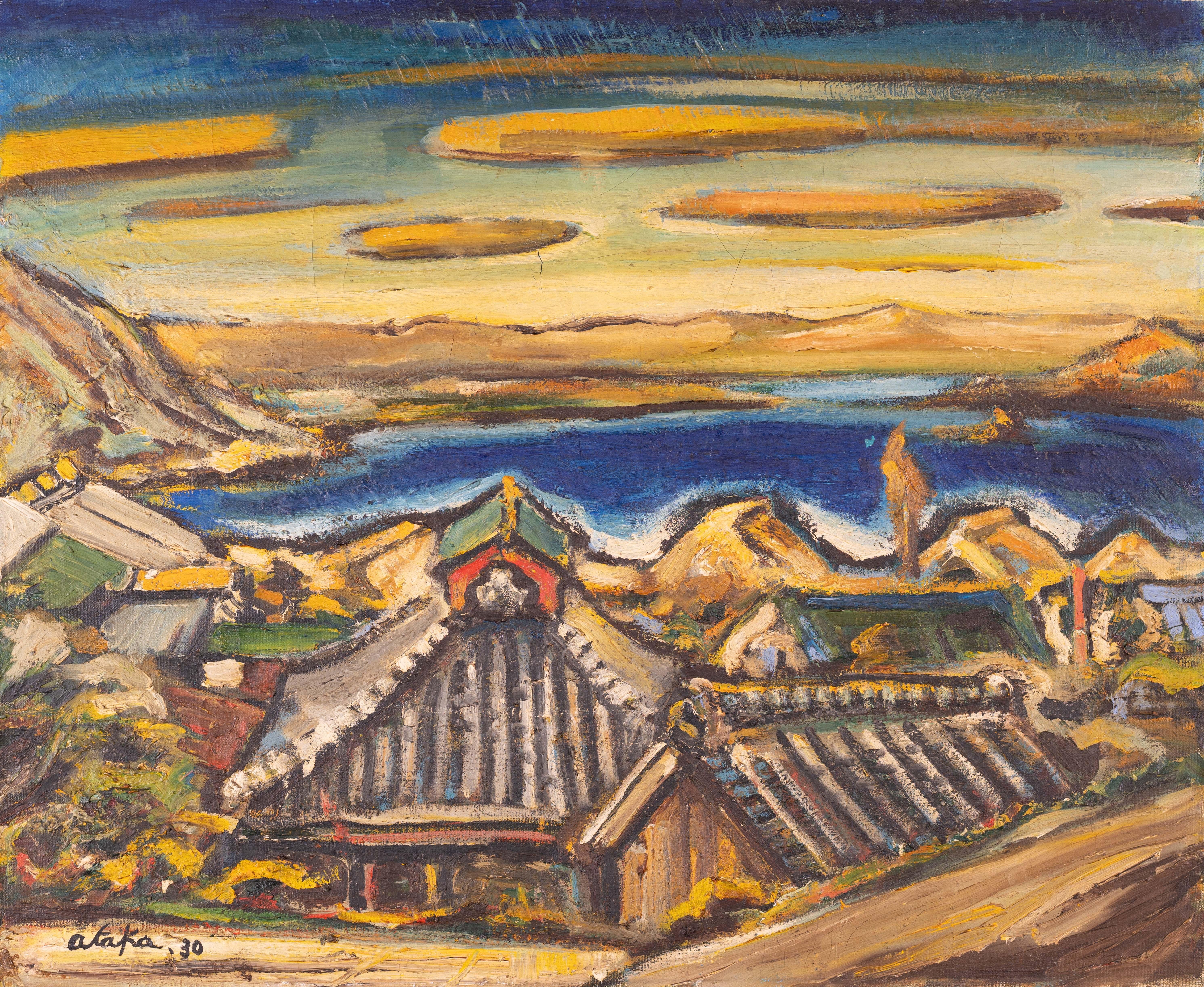 Moderne Peinture moderniste japonaise d'un village de bord de mer par Torao Ataka datée de 1930 en vente