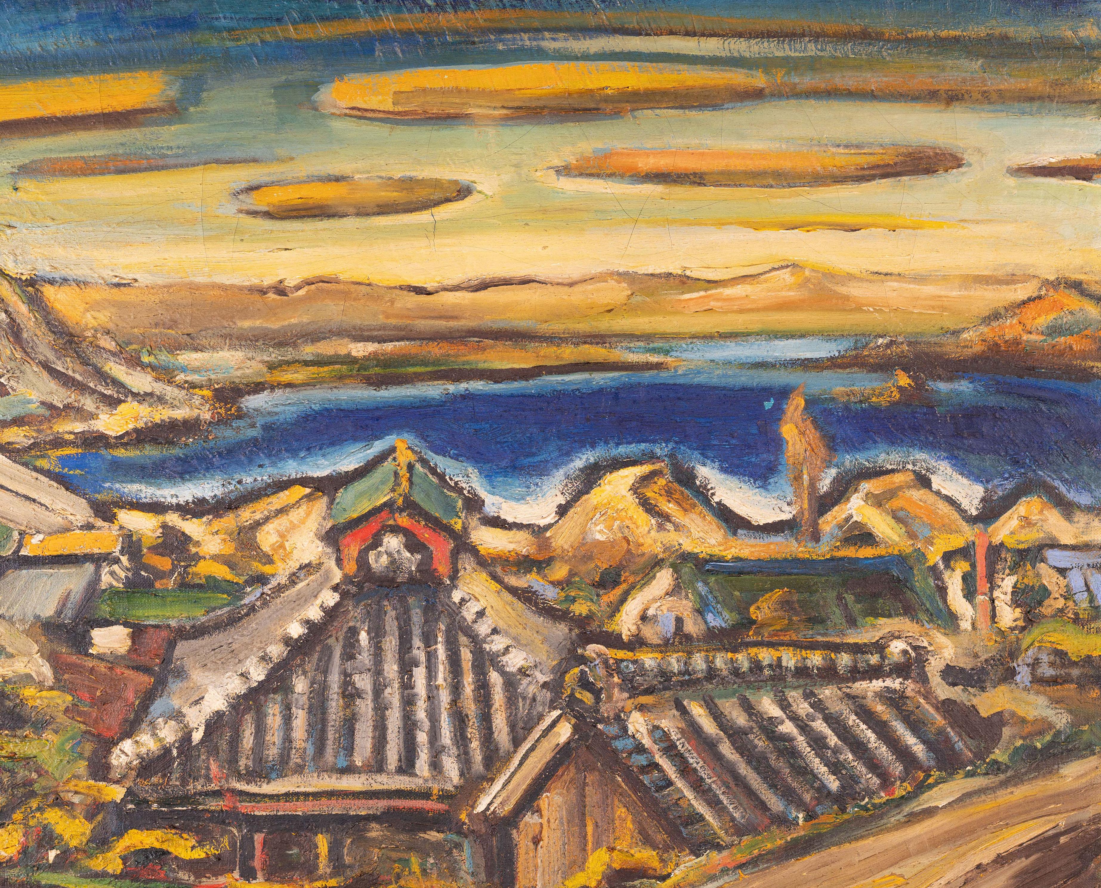 Japonais Peinture moderniste japonaise d'un village de bord de mer par Torao Ataka datée de 1930 en vente