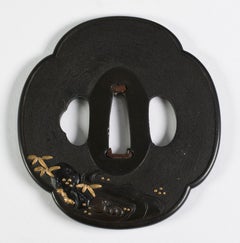 Japanese Mokko Shaped Shakudo Tsuba - Shi Shi Dog