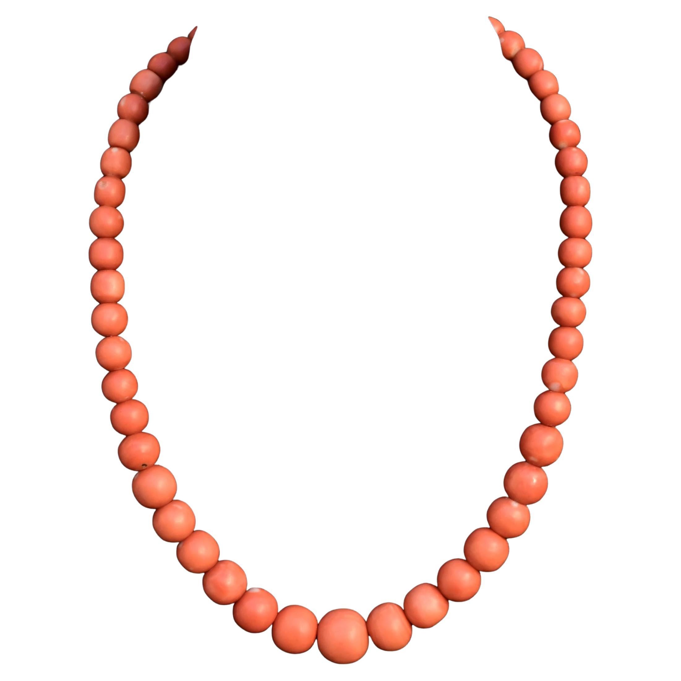 Japanese Momo Coral Bead Necklace with 14K Gold Clasp – 17.5”, 51.15g