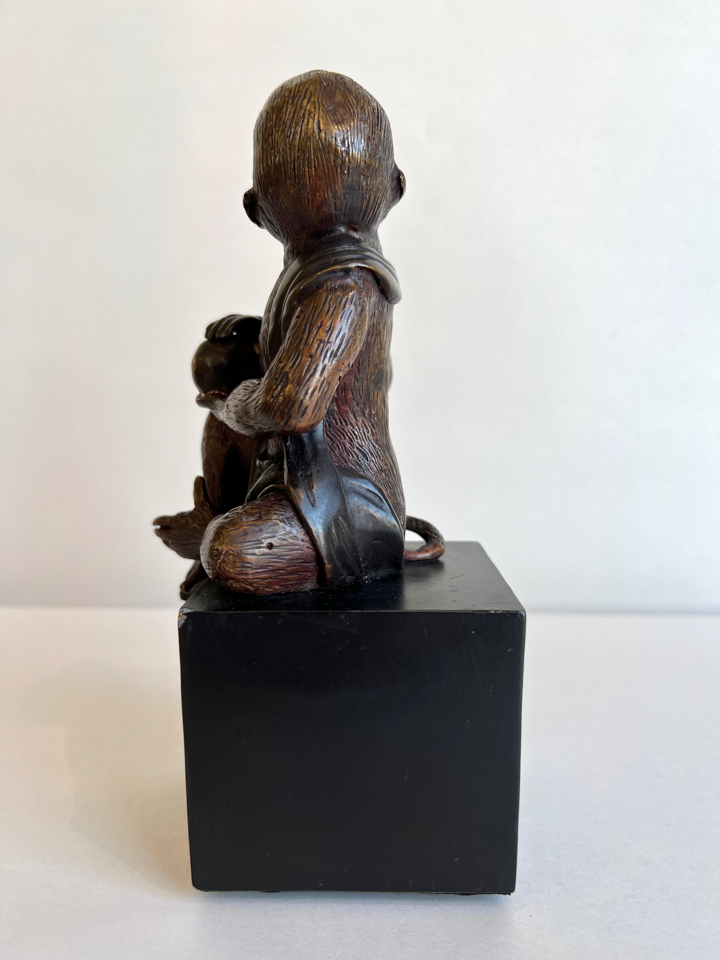 Japanese Momotarō Folktale Bronze Monkey Sculpture on Base, 1960s For Sale 4