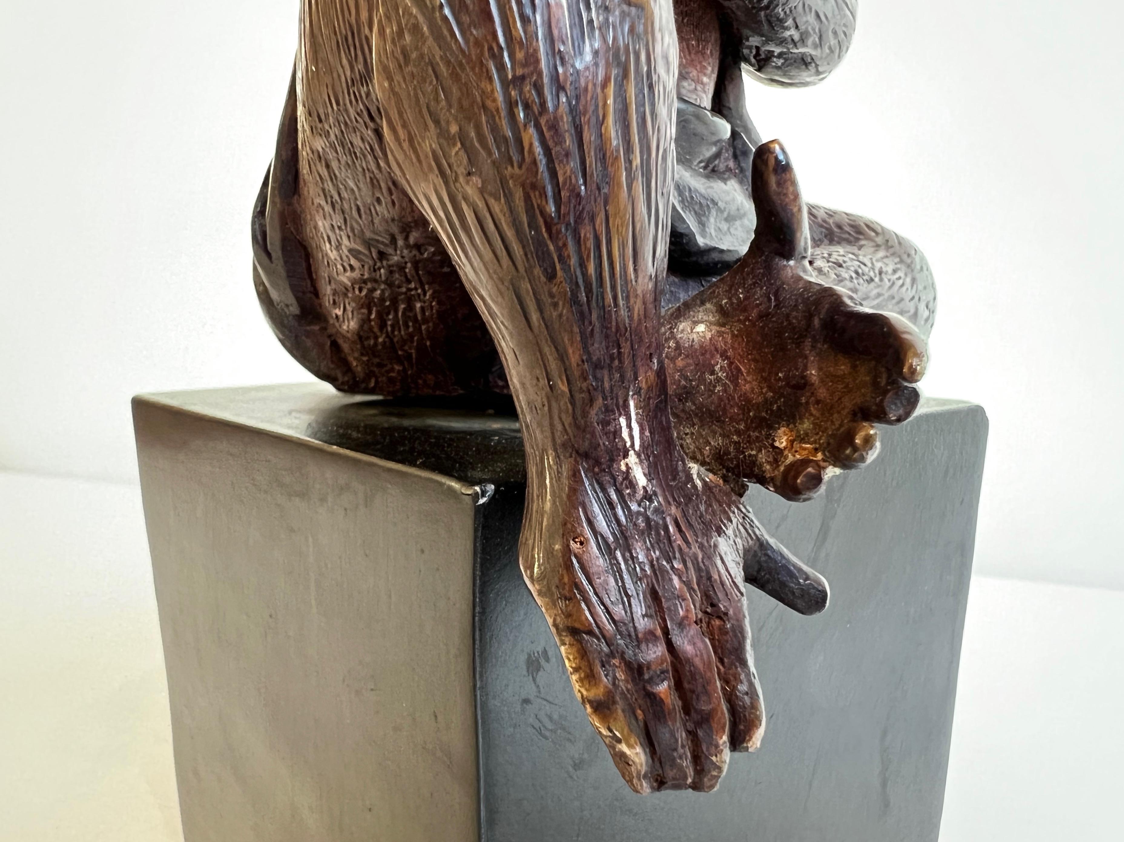 Japanese Momotarō Folktale Bronze Monkey Sculpture on Base, 1960s For Sale 11