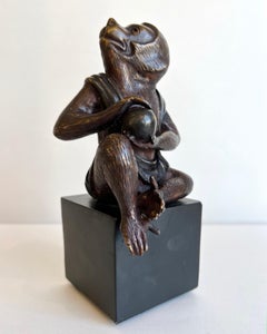Japanese Momotarō Folktale Bronze Monkey Sculpture on Base, 1960s