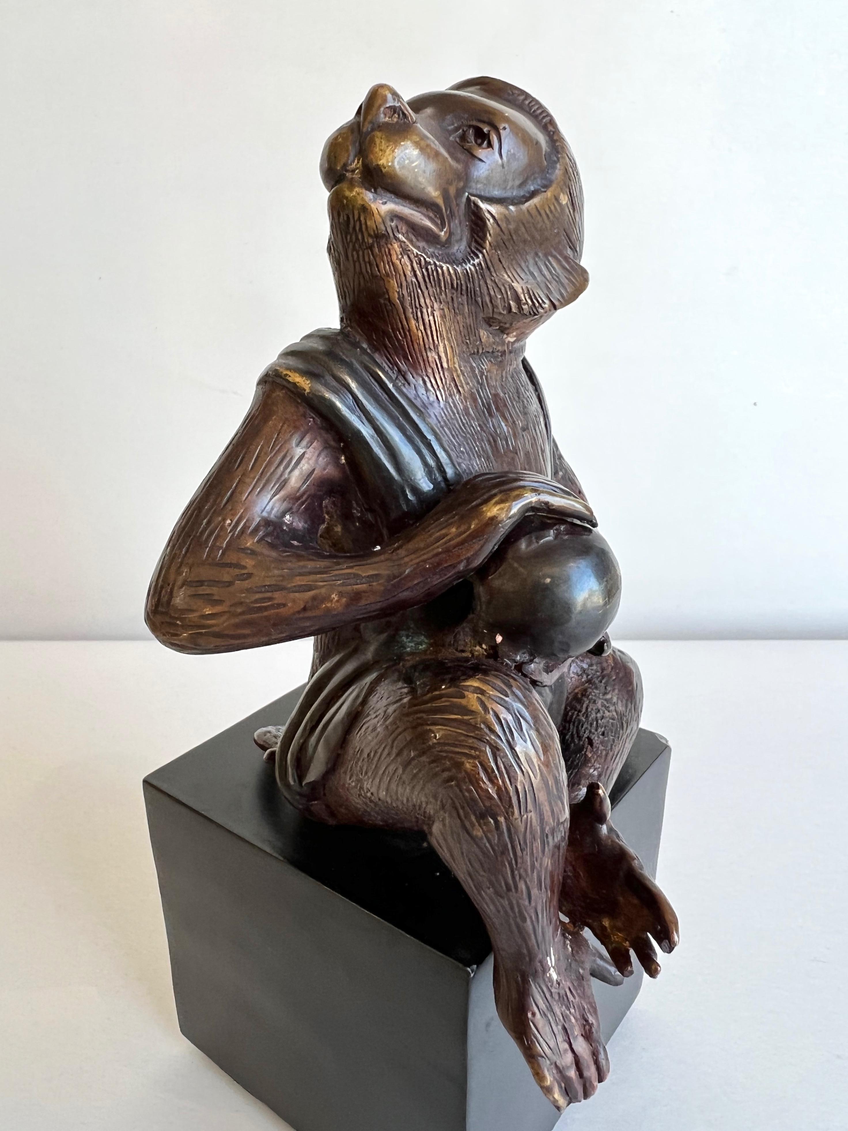 Meiji Japanese Momotarō Folktale Bronze Monkey Sculpture on Base, 1960s For Sale
