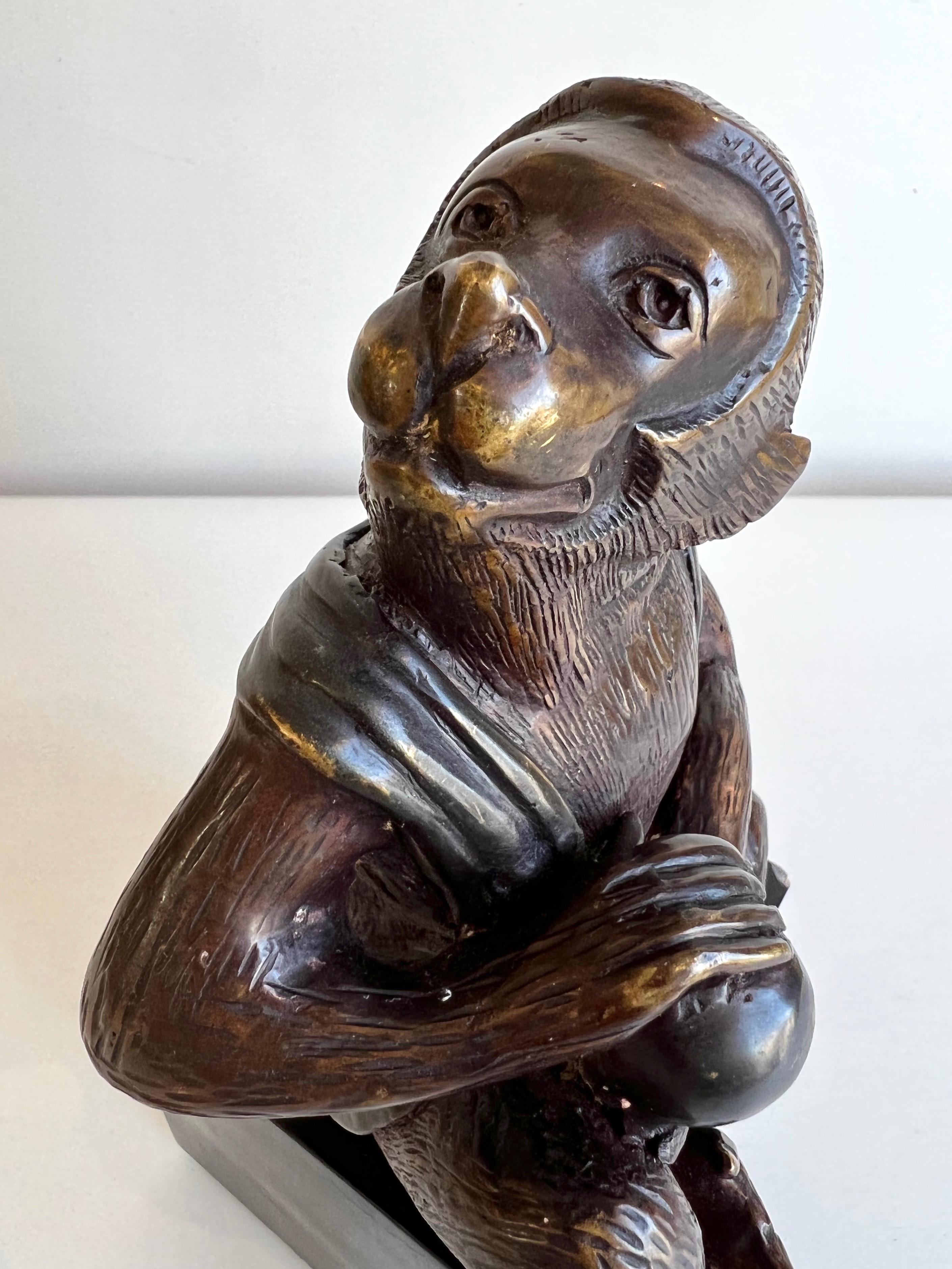 Cast Japanese Momotarō Folktale Bronze Monkey Sculpture on Base, 1960s For Sale