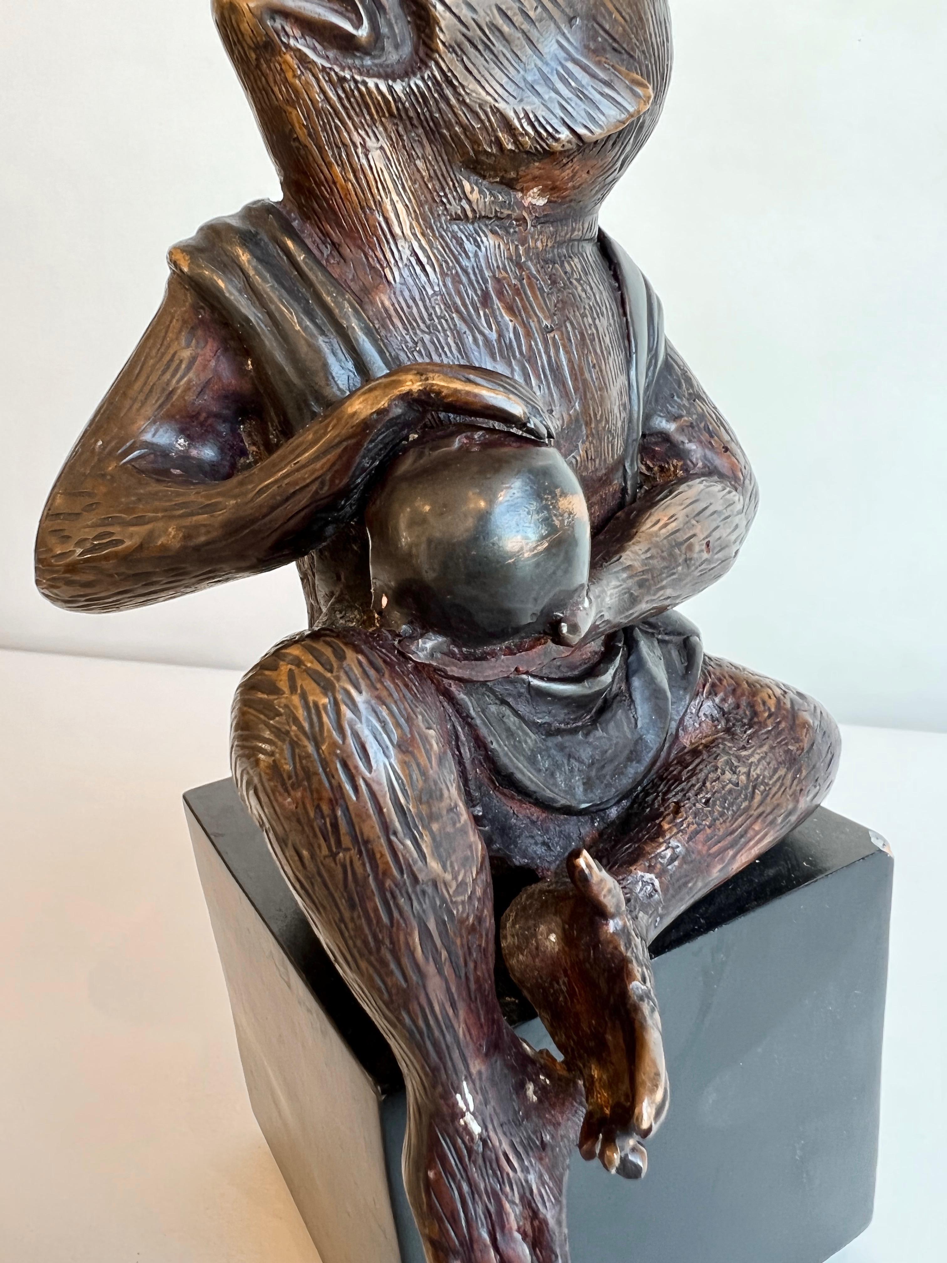 Japanese Momotarō Folktale Bronze Monkey Sculpture on Base, 1960s In Good Condition For Sale In San Francisco, CA