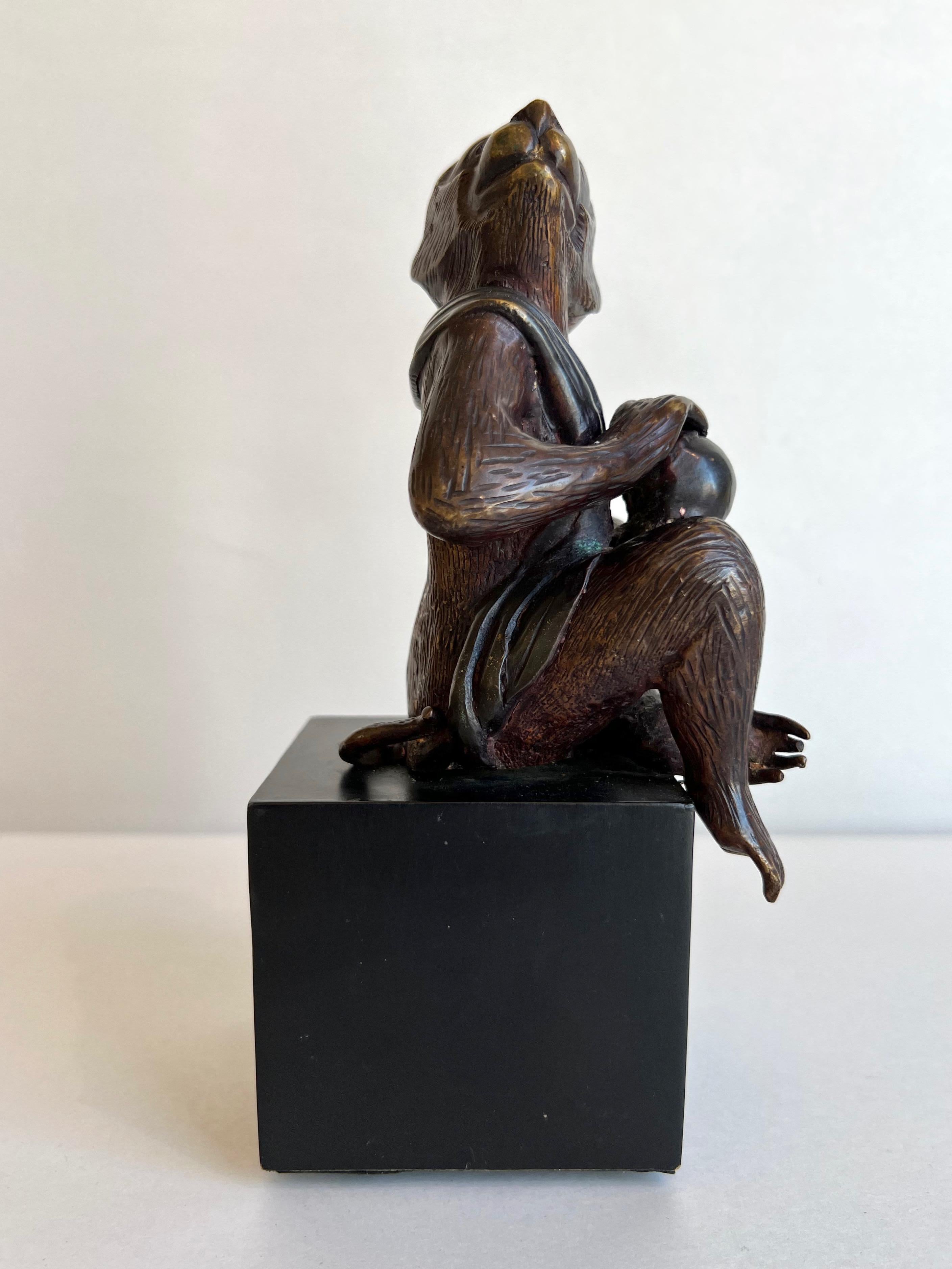 Mid-20th Century Japanese Momotarō Folktale Bronze Monkey Sculpture on Base, 1960s For Sale