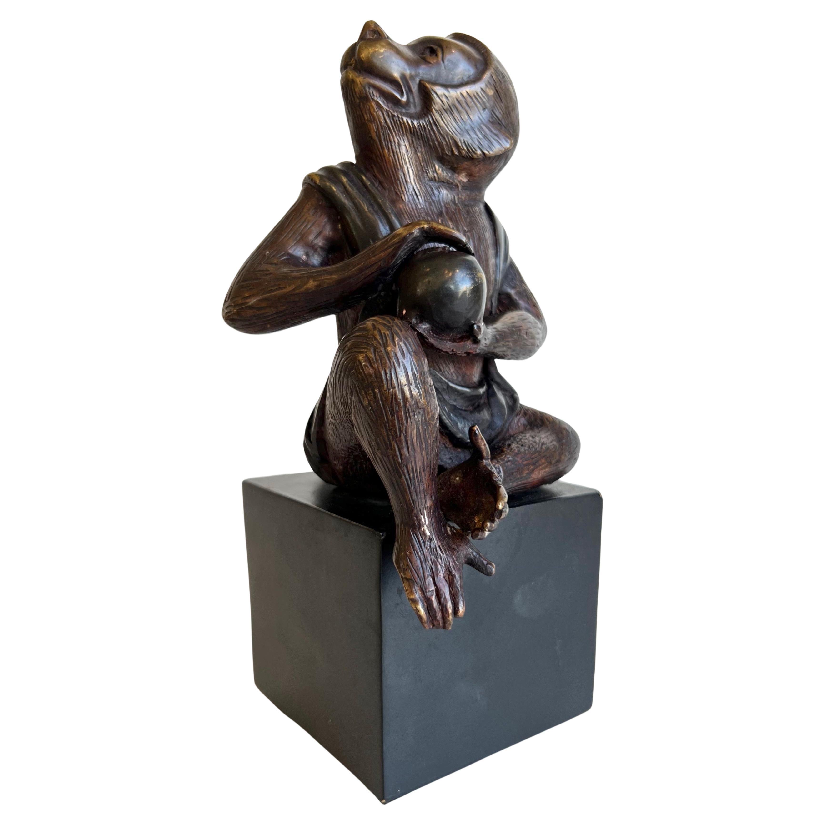 Japanese Momotarō Folktale Bronze Monkey Sculpture on Base, 1960s For Sale