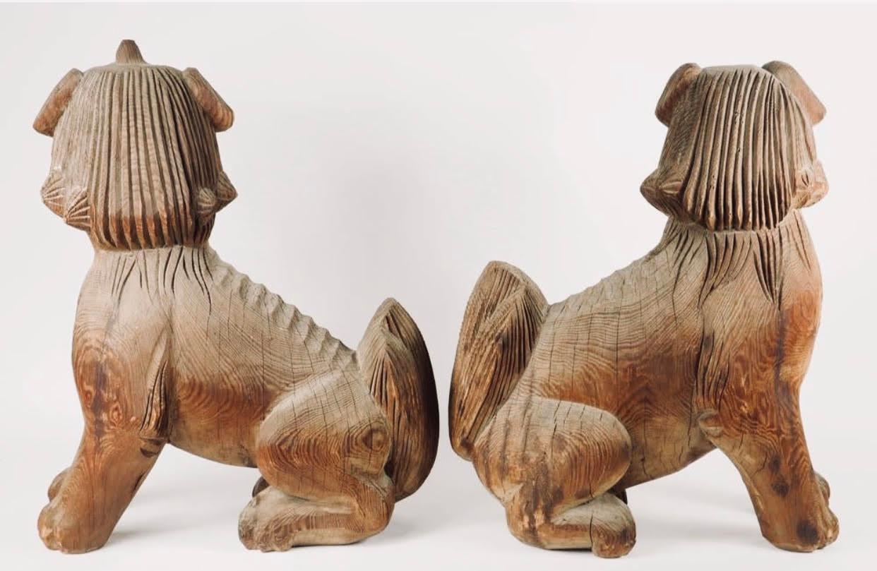 Japanese Momoyama period carved wooden Shinto temple entry figures in the form of royal lion dogs seated in traditional pose. The pieces have had some conservation work done to stabilize them. They are carved of willow wood featuring a beautiful