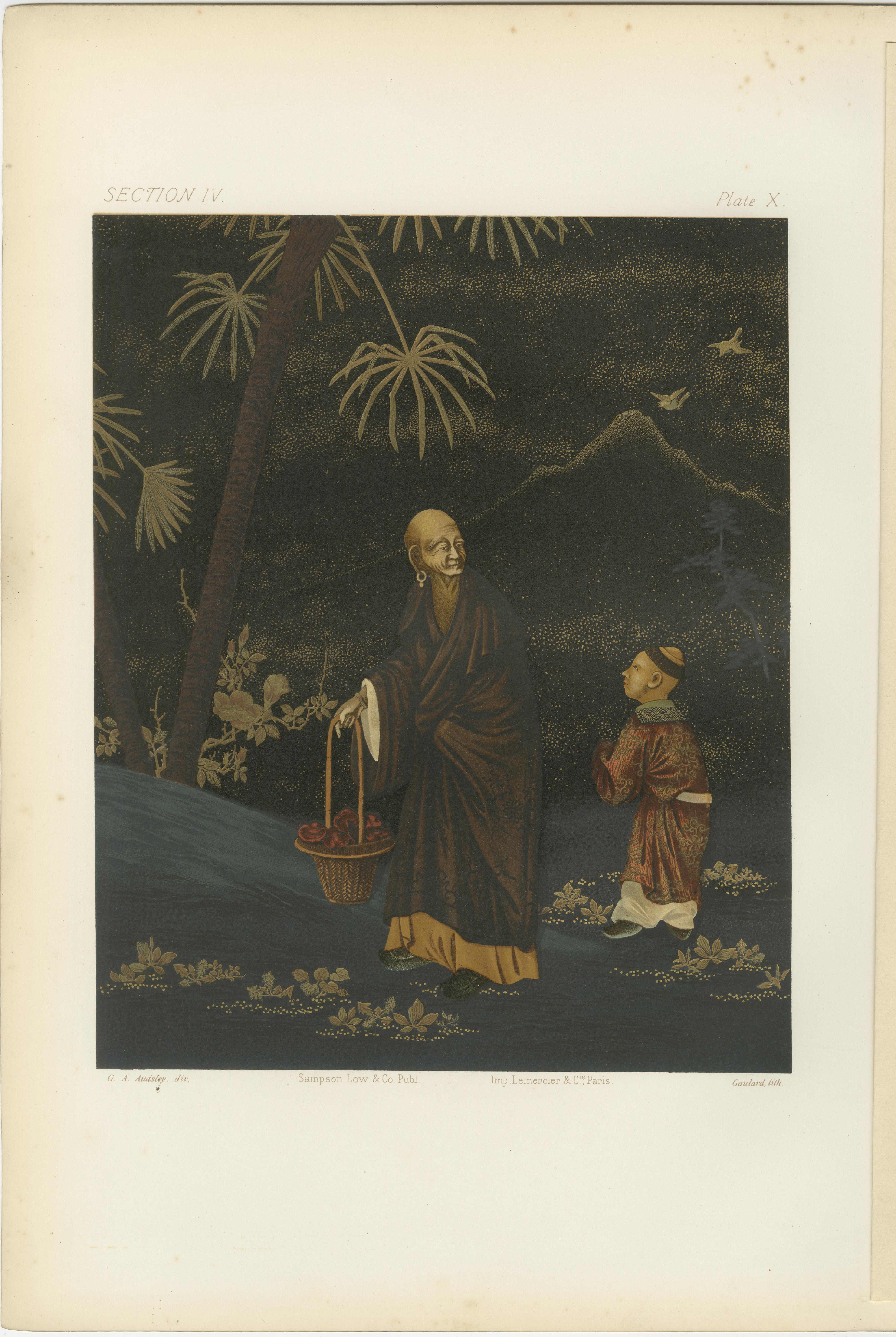 Titre : Moine japonais et jeune assistant : Lithographie ancienne, 1880

Description :
Cette lithographie atmosphérique des années 1880 présente une scène sereine mettant en scène un moine vêtu et son jeune assistant marchant sous un ciel étoilé.