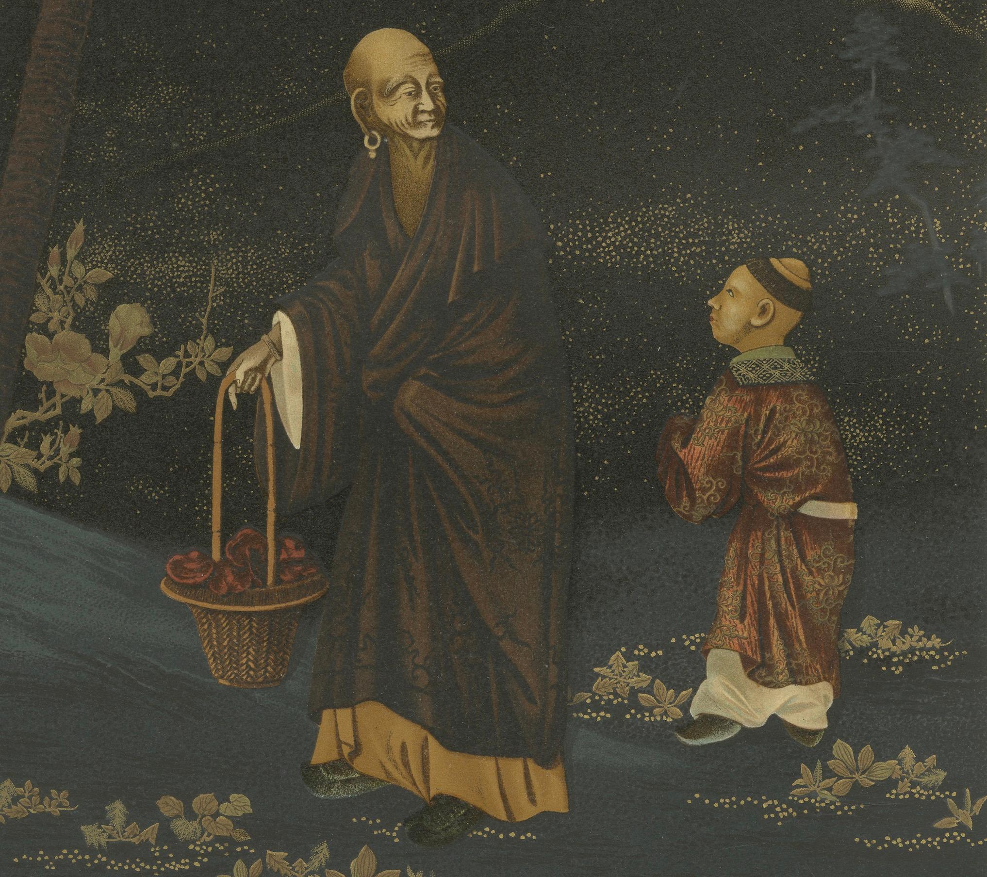 Papier Moine japonais et jeune assistant : Lithographie ancienne, années 1880 en vente