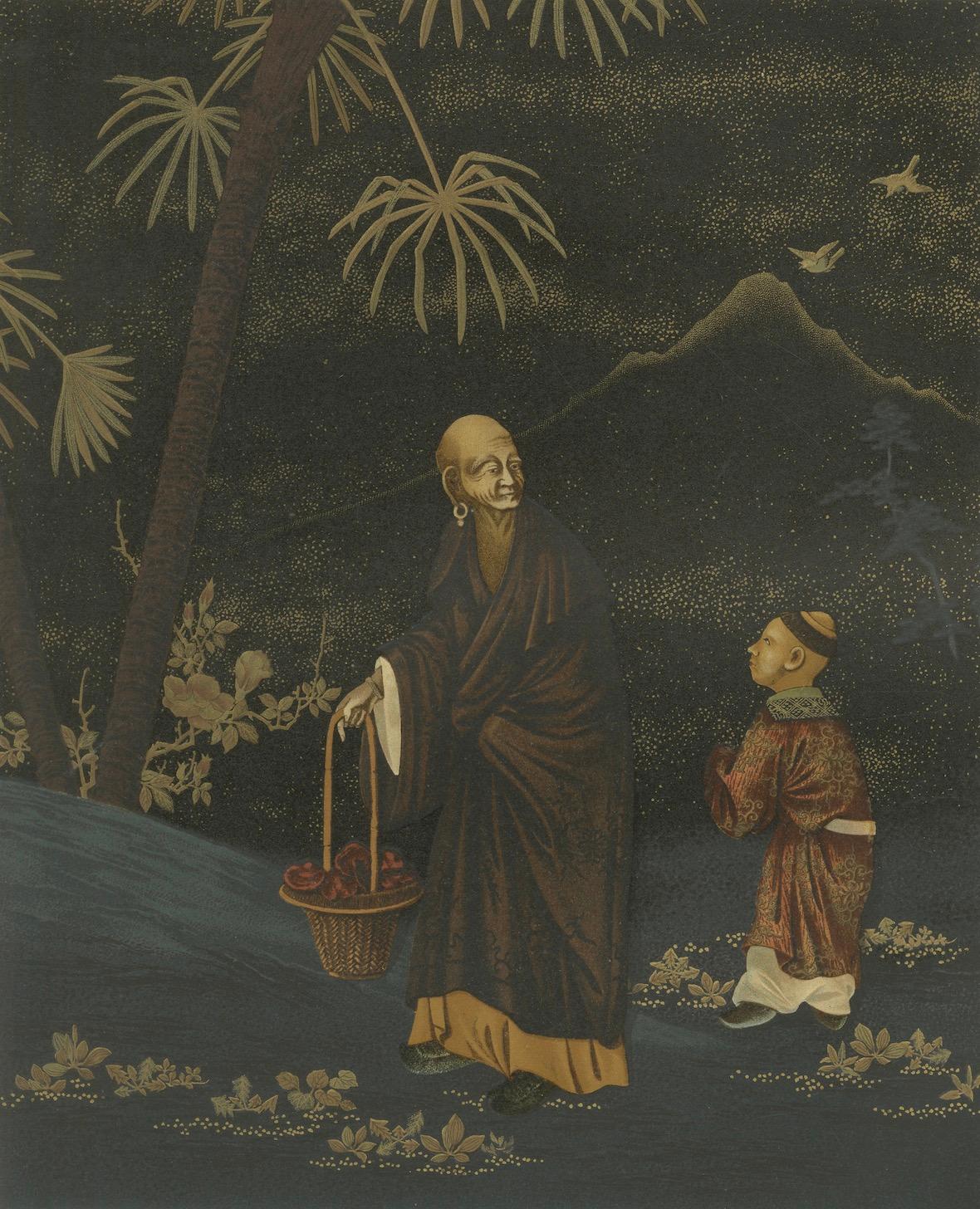 Moine japonais et jeune assistant : Lithographie ancienne, années 1880 en vente 1