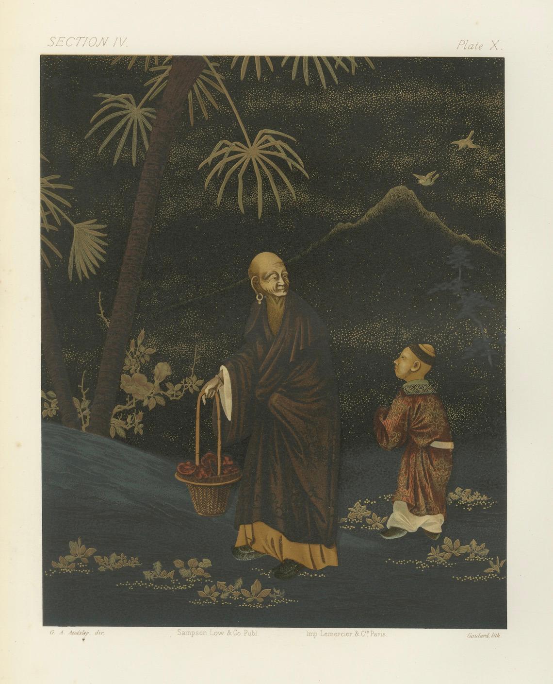 Moine japonais et jeune assistant : Lithographie ancienne, années 1880 en vente 2