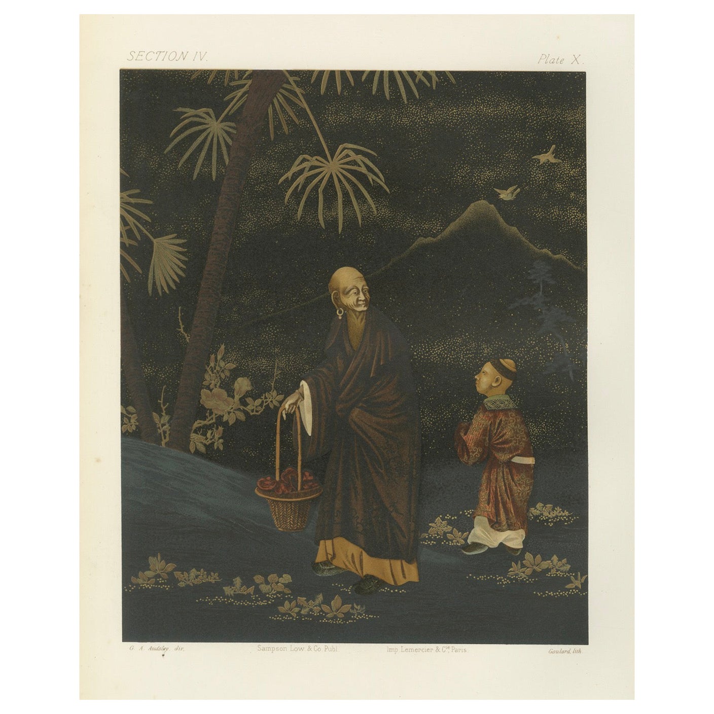 Moine japonais et jeune assistant : Lithographie ancienne, années 1880