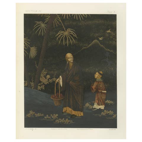 Japanese Monk and Young Attendant: Antique Lithograph, 1880s