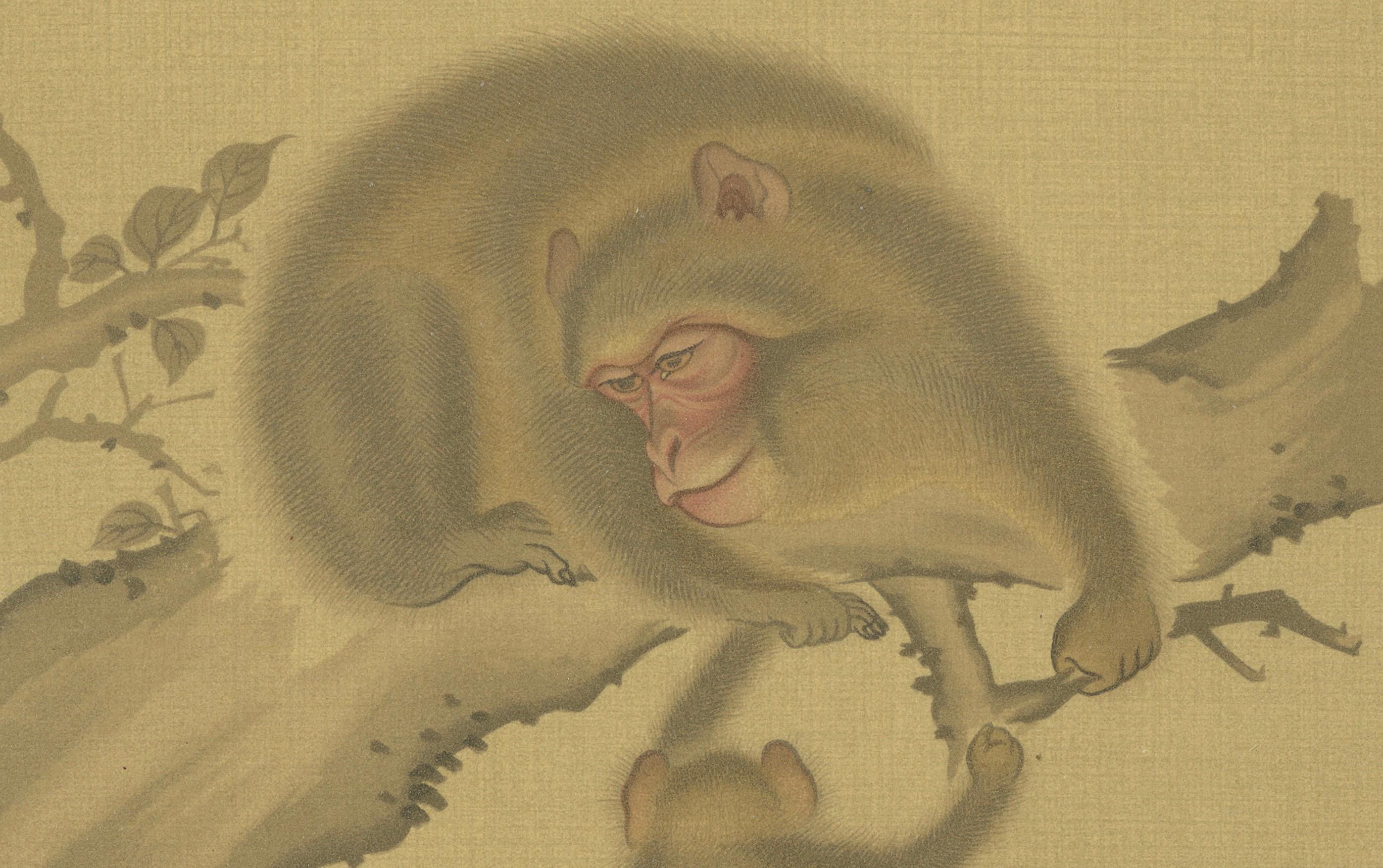 Japanische Affengrafiken: Gelassene Nature-Studien des 19. Jahrhunderts mit Pfirsichen im Zustand „Gut“ im Angebot in Langweer, NL