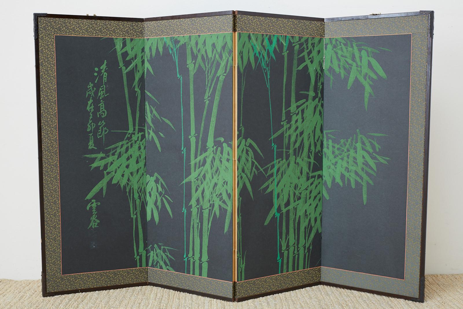 Interesting Japanese four-panel byobu screen of green bamboo stalks over blue dyed paper. Lovely monochromatic style signed Unkoku with date. Set in a lacquered frame with a silk brocade border. From an estate in San Francisco, CA.