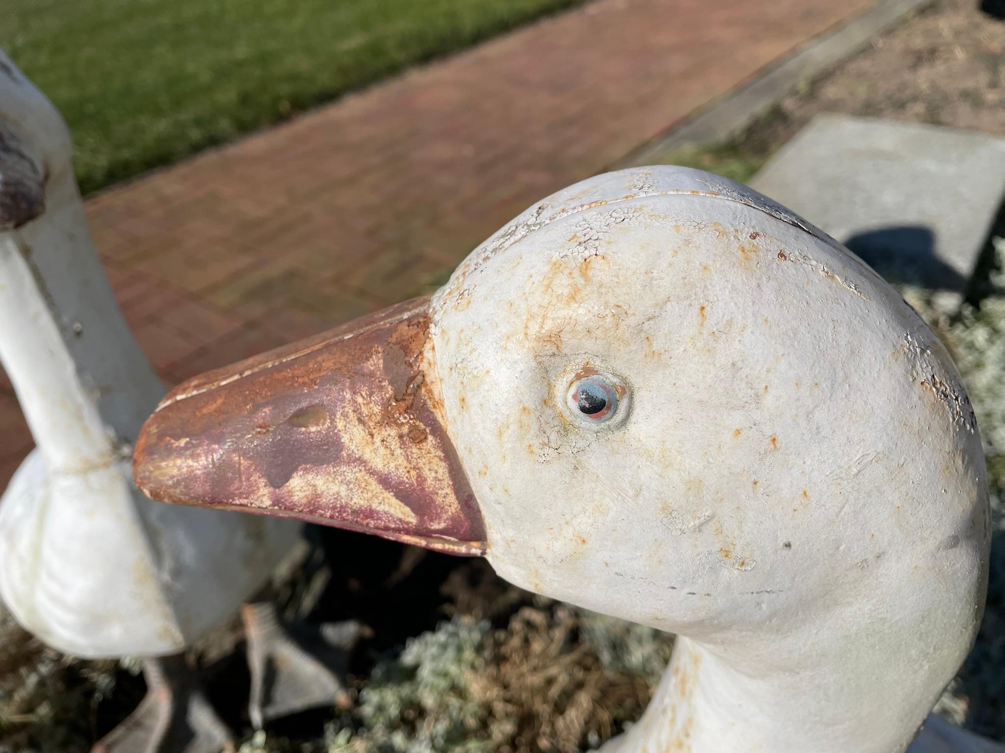 Iron Japanese Huge Pair Hand Painted Garden Swans For Sale