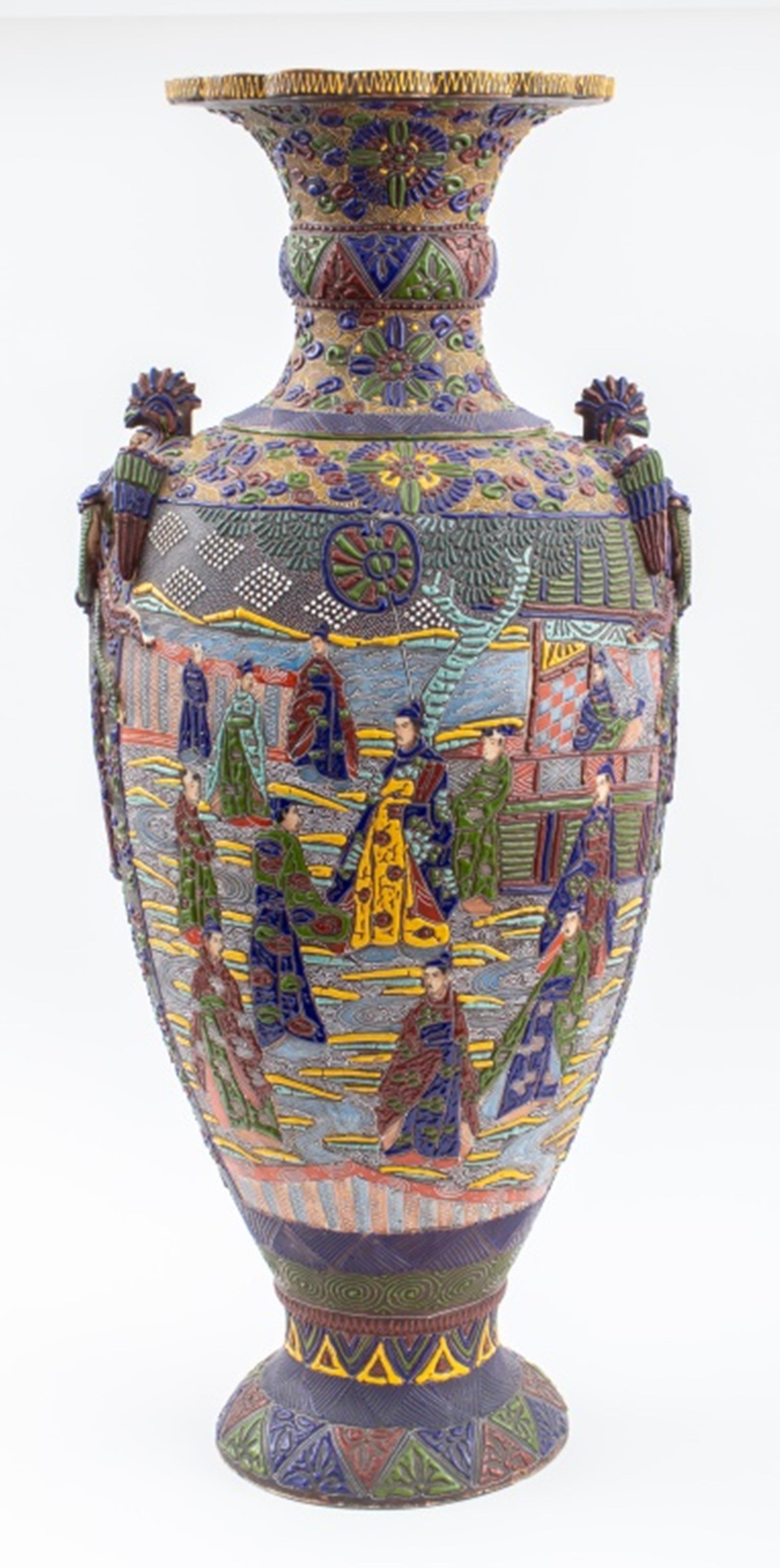 Japanese monumental Satsuma moriage raised enamel vase with vivid colors and intensive pattern work, depicting imperial court scenes on front and back, phoenix bird shaped handles on the sides, marked on bottom, early 20th century. 37.5