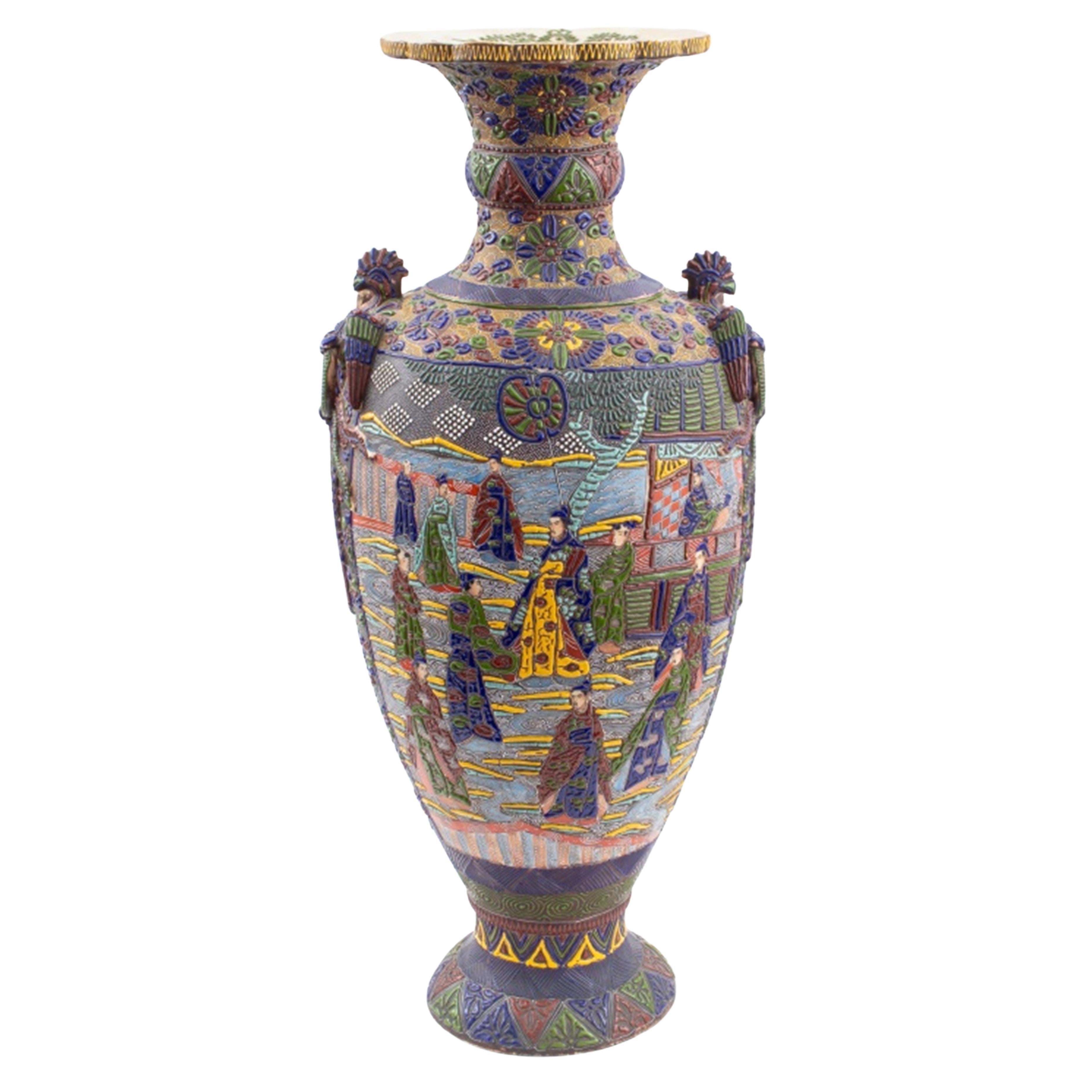 Japanese Monumental Satsuma Moriage Enamel Vase
