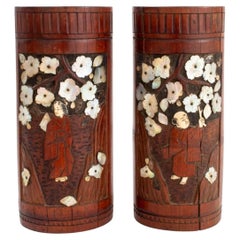 Japanese Mother of Pearl Inlaid Bamboo Vases, Pair