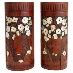 Paire de vases japonais en bambou incrusté de nacre