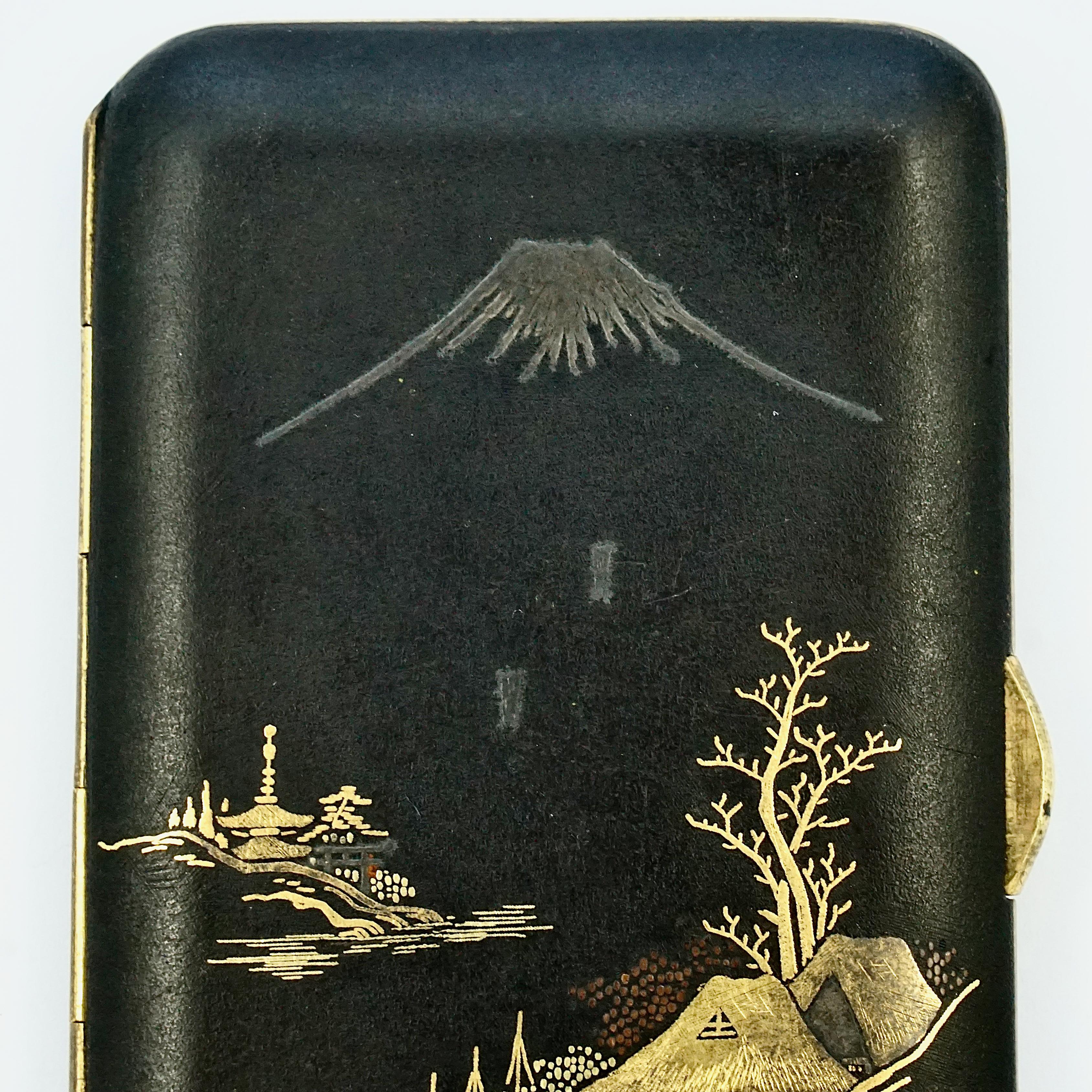 Black Japanese Mount Fuji K24 Gold Silver Damascene Cigarette Case For Sale