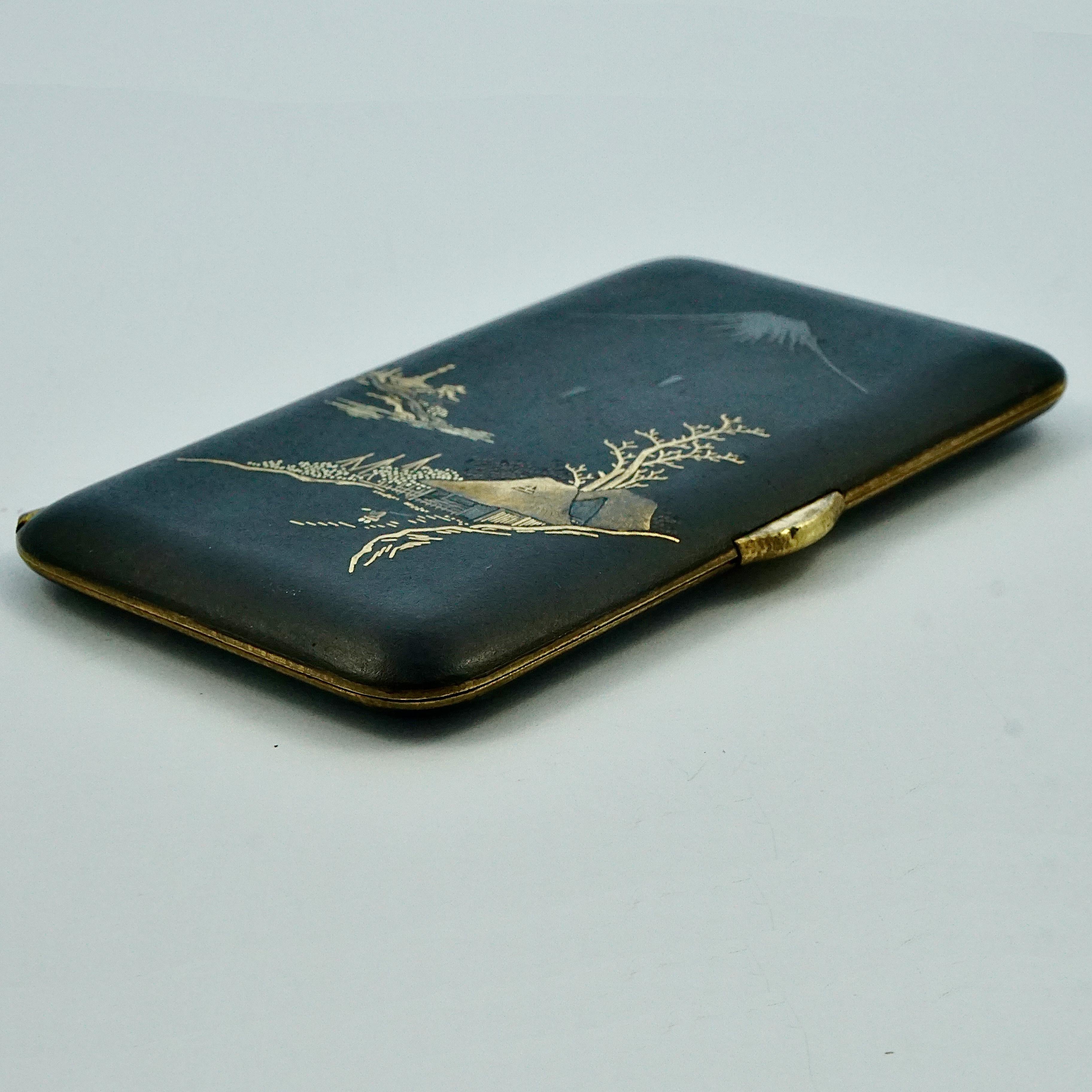 Japanese Mount Fuji K24 Gold Silver Damascene Cigarette Case For Sale 3