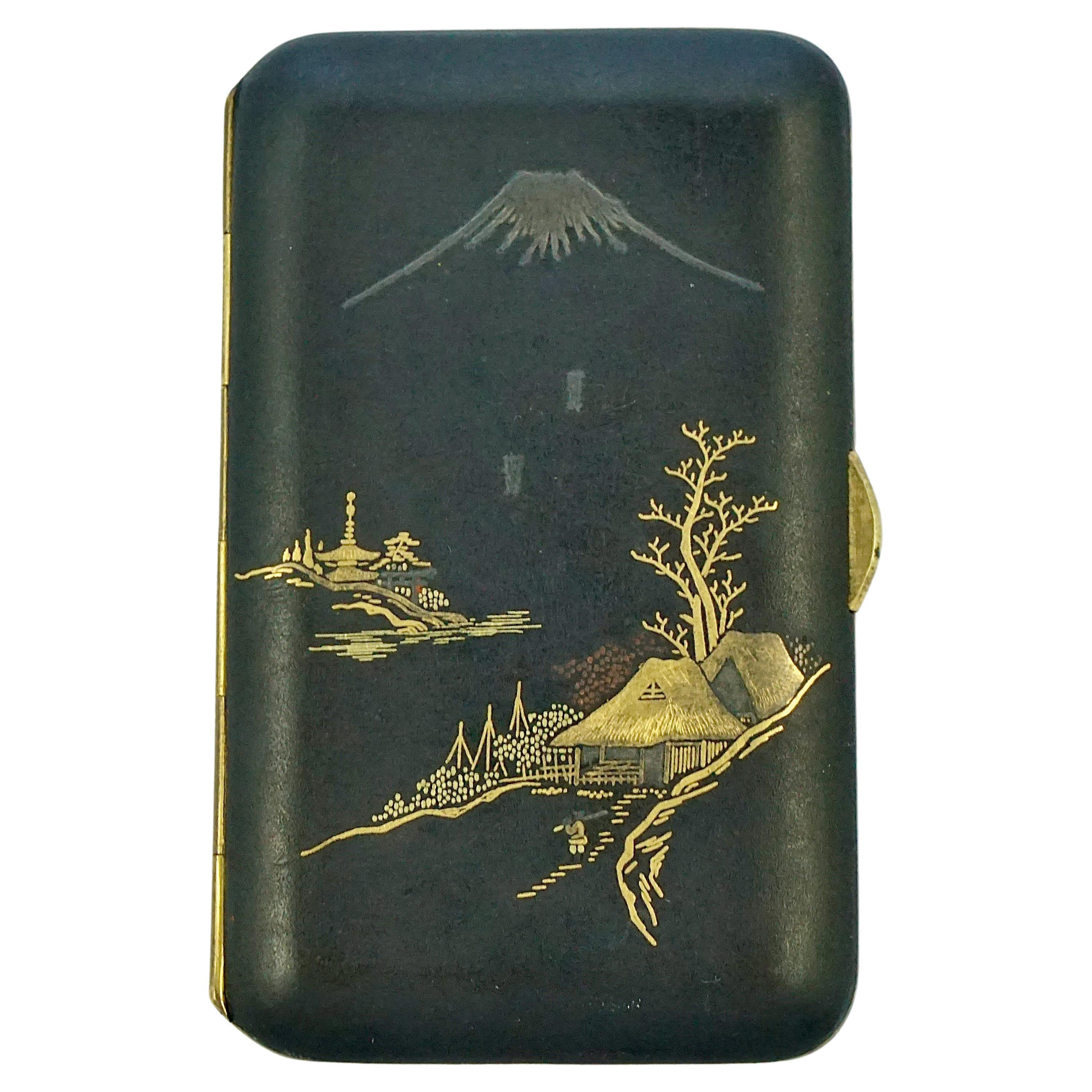 Japanese Mount Fuji K24 Gold Silver Damascene Cigarette Case For Sale