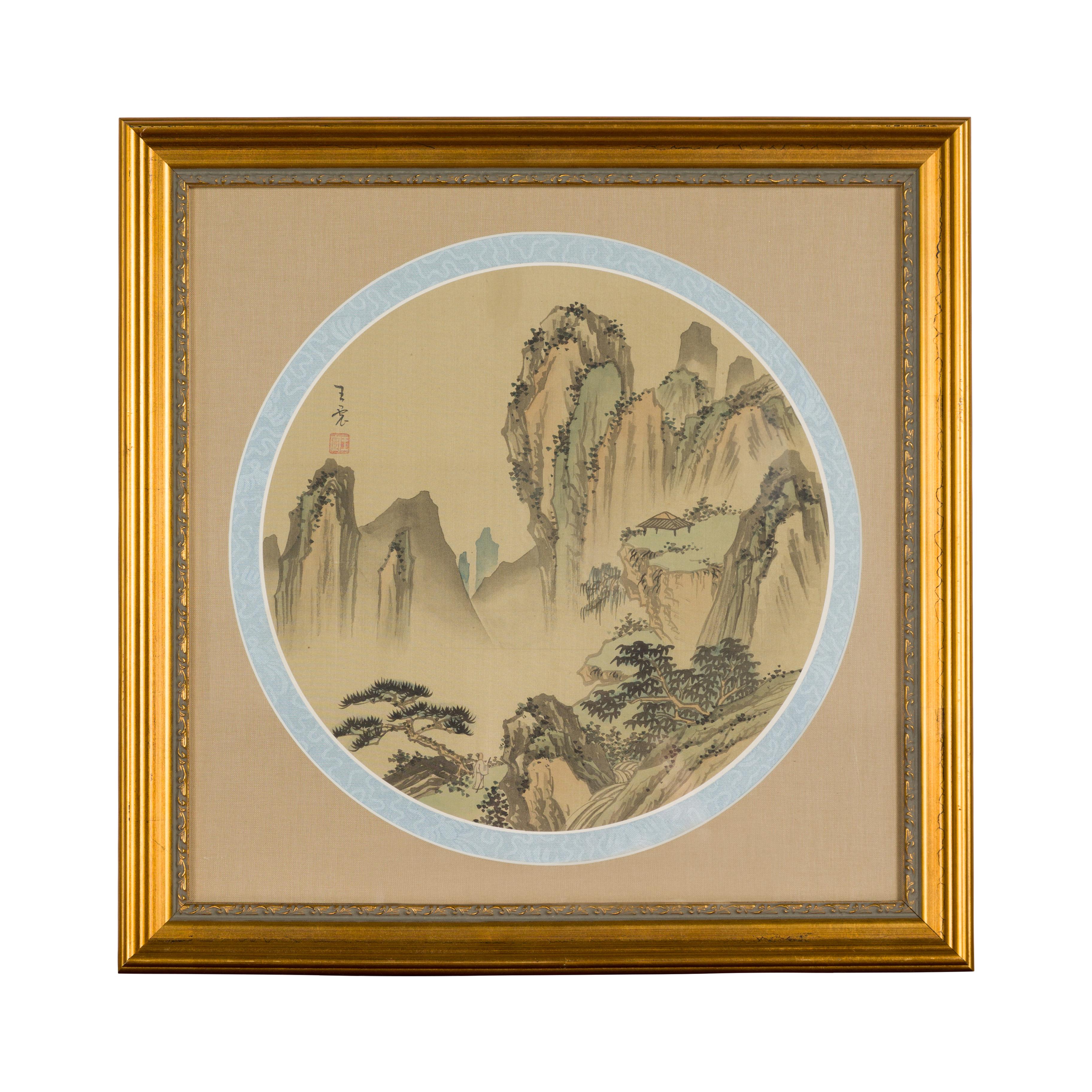 A Japanese landscape painting on silk from the 19th century in new gilded frame, signed. Immerse yourself in the serene beauty of this Japanese landscape painting on silk, created during the 19th century. Presented in a new gilded frame, this