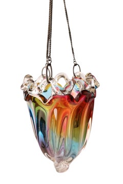 Japanese Multicolor Art Glass Hanging Vase / Planter, Mid-to-Late 20th Century
