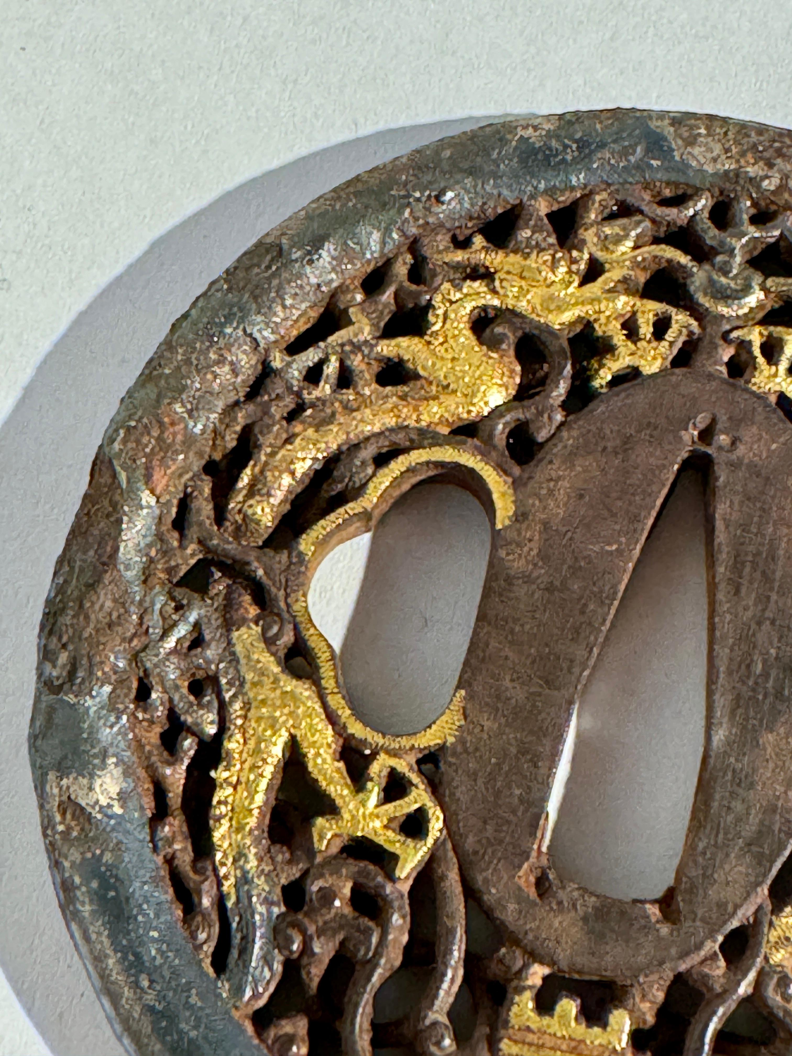 Japanese Nanban Tsuba with Dragons, Edo Period, early 19th century, Japan In Distressed Condition For Sale In Austin, TX