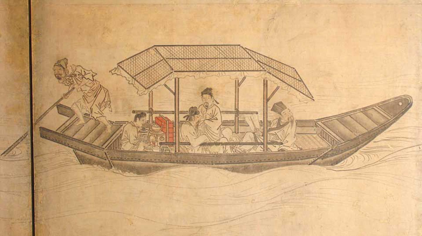 Japanese Nanga school six-panel screen, inks on paper in the idealized Chinese literati mode rendering the famous subject “First Excursion to Red Cliff, 1082”, based on the Chinese poet Su Shi (a.k.a. Su Dongpo; 1037-1101) visiting the historic site