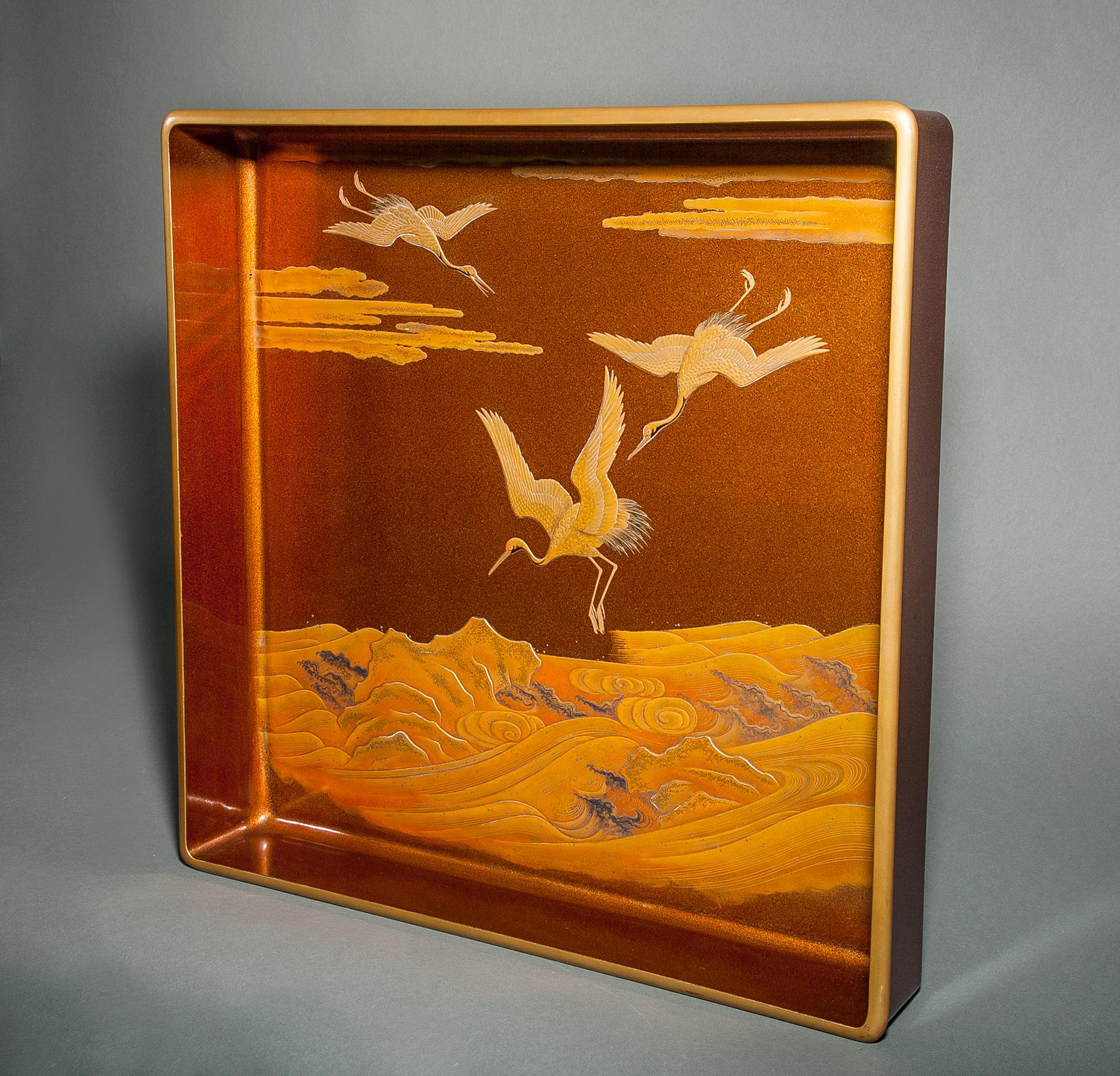 19th Century Japanese Nashiji Lacquer Tray with Crane and Wave Design For Sale