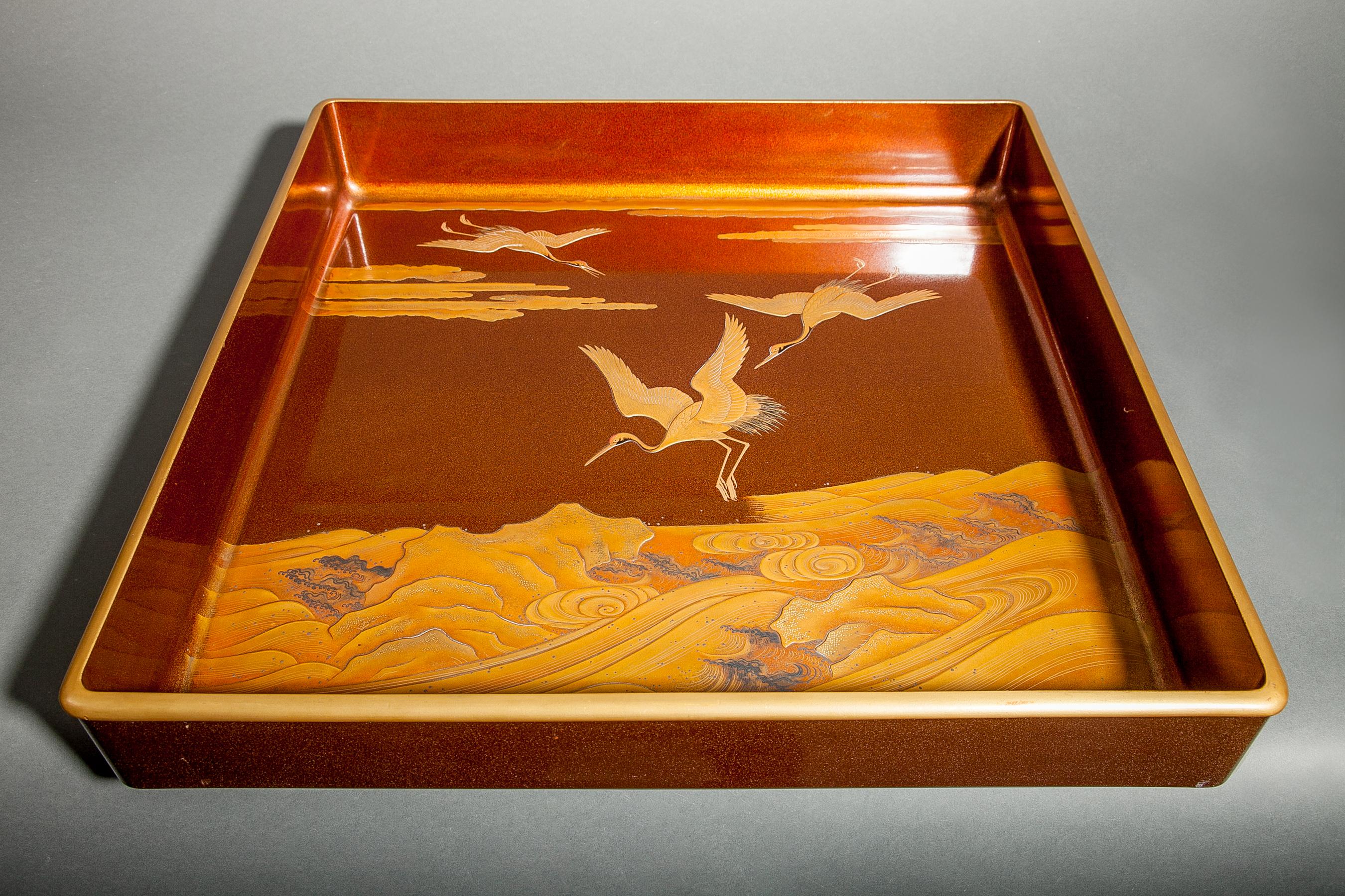 Gold Japanese Nashiji Lacquer Tray with Crane and Wave Design For Sale