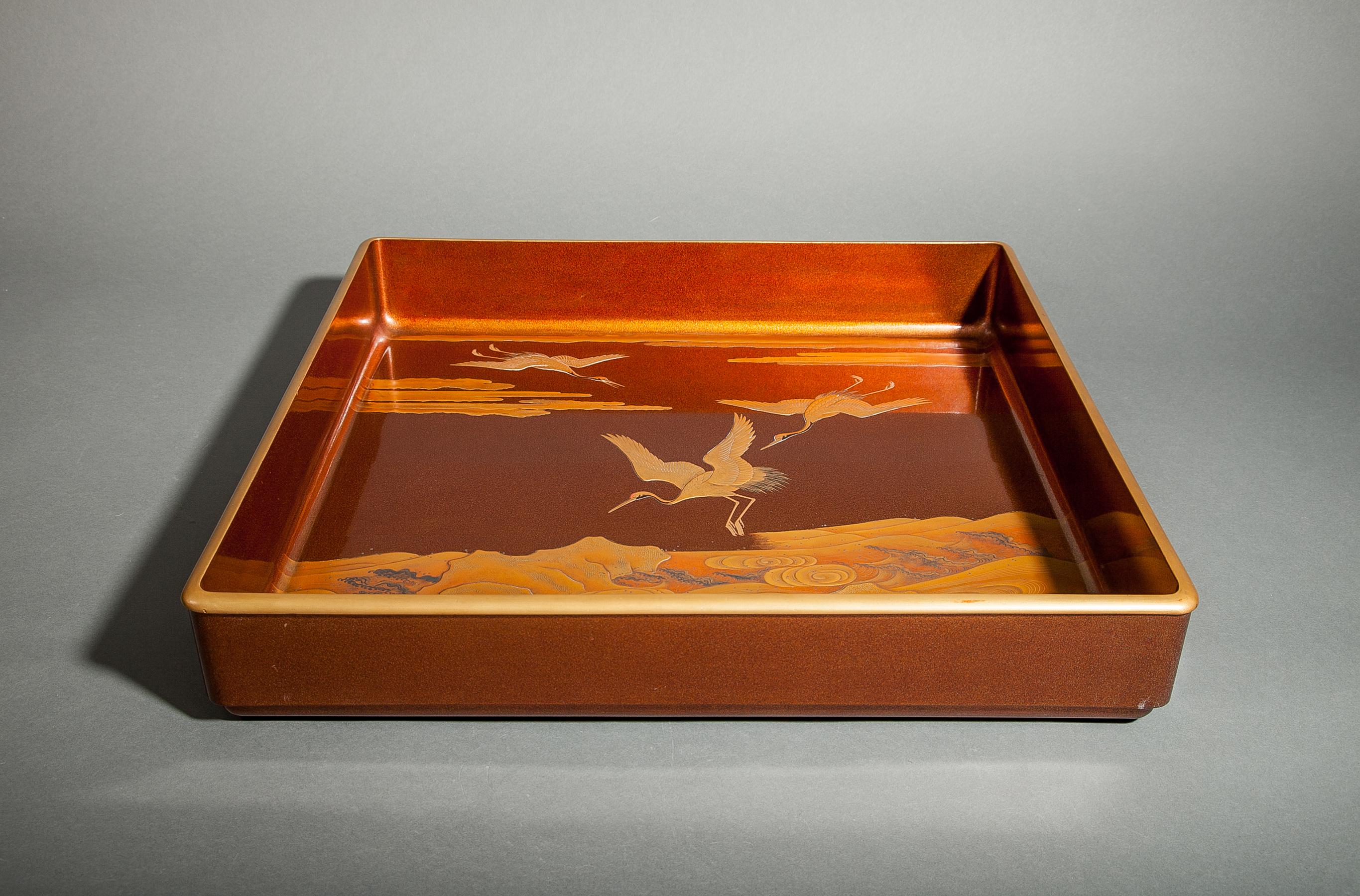 Japanese Nashiji Lacquer Tray with Crane and Wave Design For Sale 1