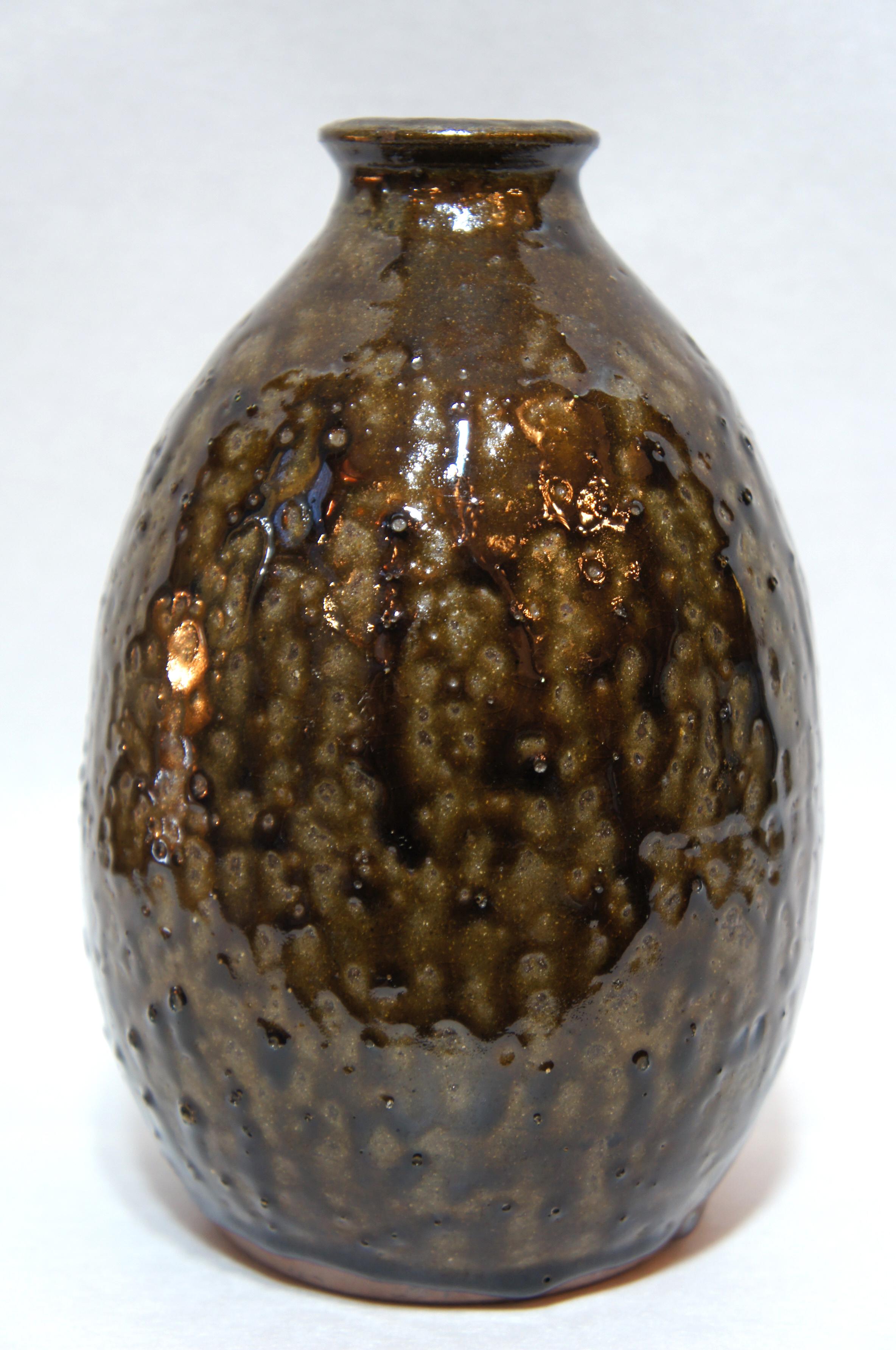 Showa Japanese Natural Grazed Ceramic Brown Vase, 1970s For Sale