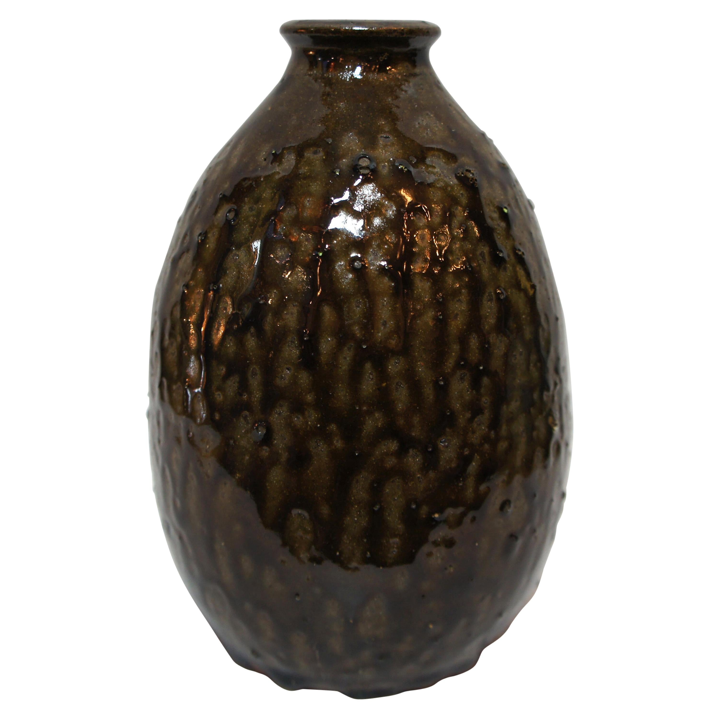 Japanese Natural Grazed Ceramic Brown Vase, 1970s For Sale