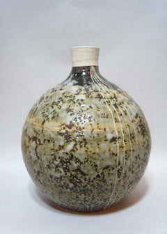 Japanese Natural Grazed Ceramic Round Vase with White Lines, 1970s