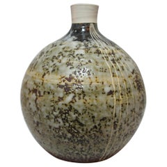 Japanese Natural Grazed Ceramic Round Vase with White Lines, 1970s