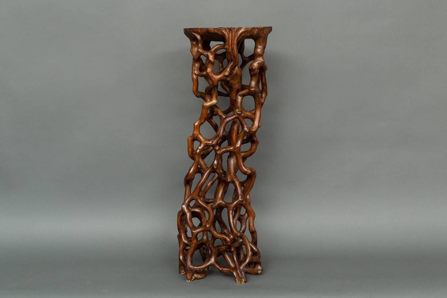 Hand-Carved Japanese Natural Wood Stand For Sale