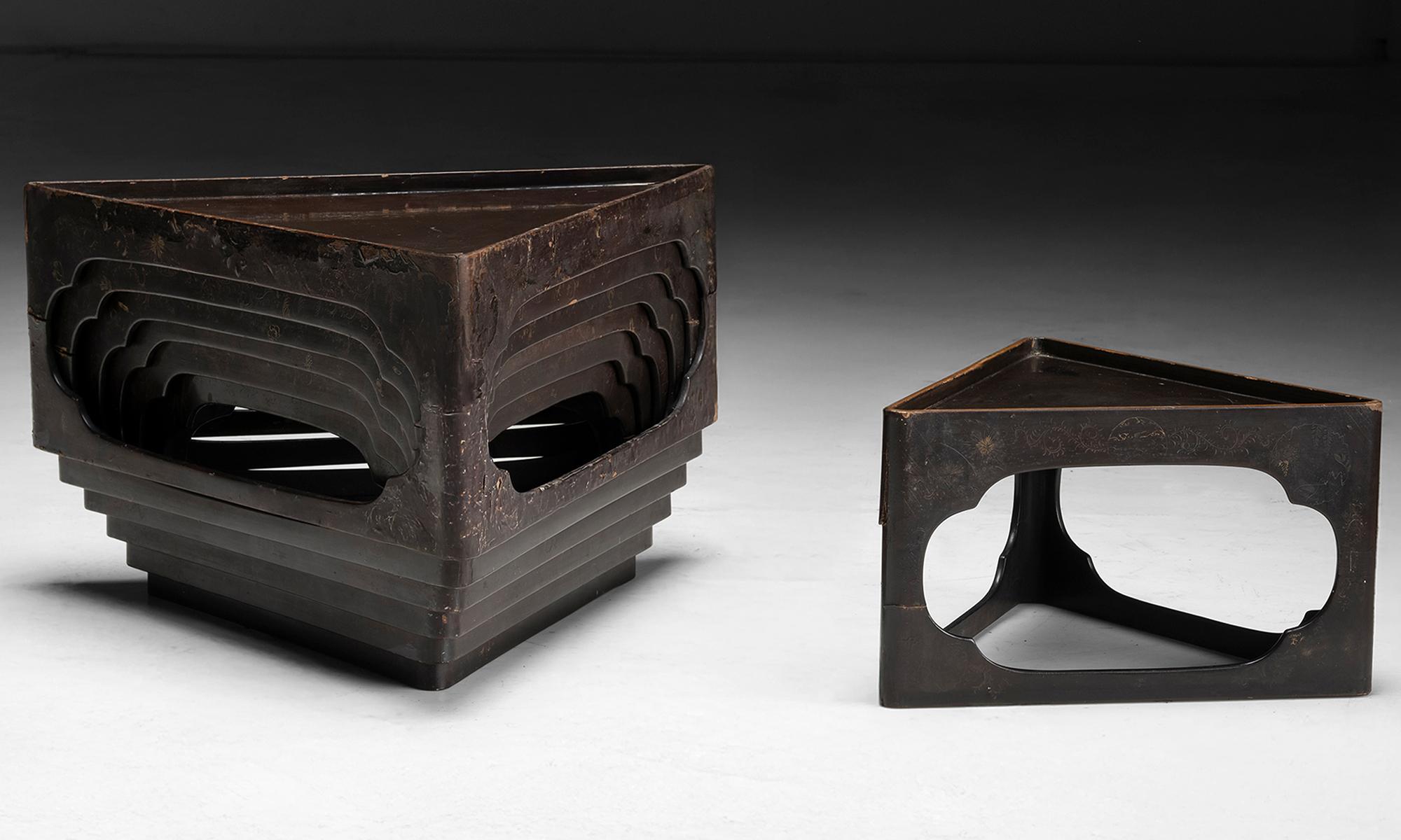 Japan, 1950
Set of 7 nesting tables in various sizes, can be stacked or used as a full coffee table or side table.
17.75”-23”w x 15.5”-20.5”d x 9”h
Ref. TABLE1457
$ 5,200 set
