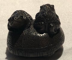 Japanese Netsuke, 20th Century, Two Toads Sitting on a Turtle, Wood Carved