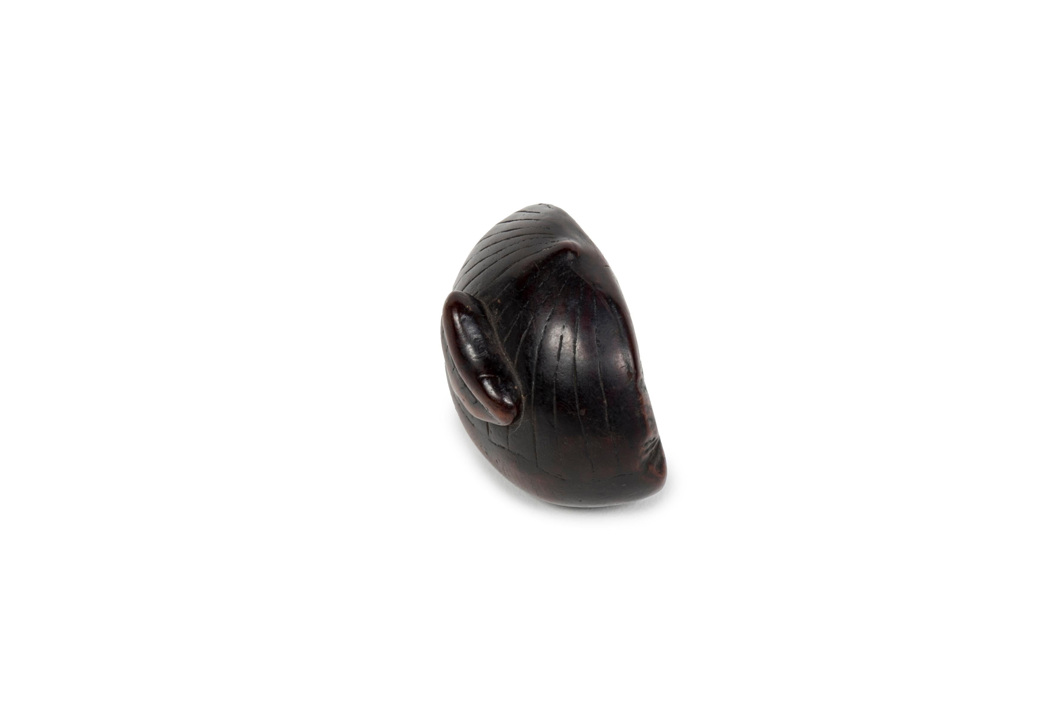 Netsuke en buis représentant deux marrons, dont le plus petit est posé sur le plus grand. 
Les châtaignes sont un élément central de la culture et de la gastronomie japonaises. Castanea Crenata ou châtaigne du Japon est un arbre indigène dont les