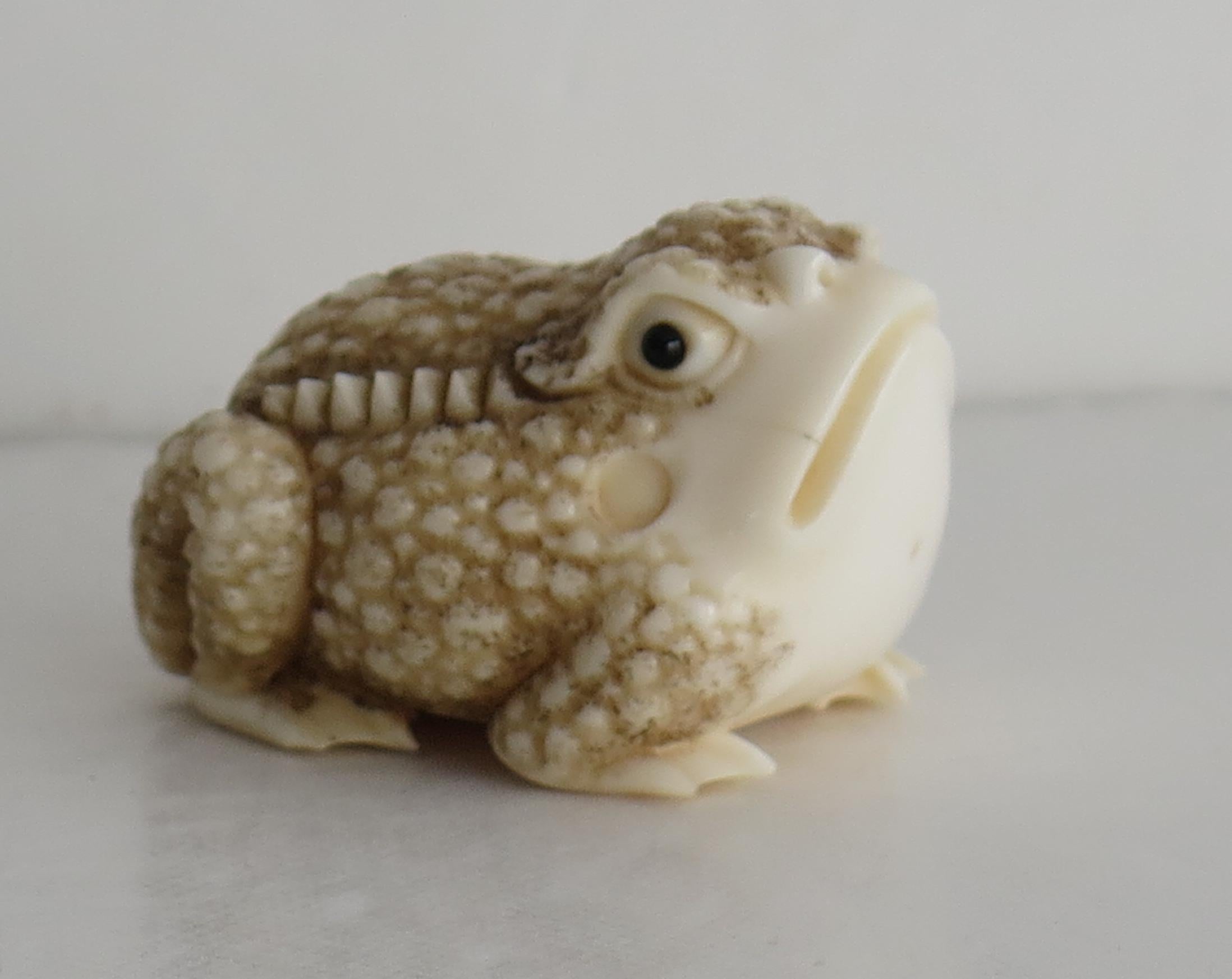 This is a porcelain Netsuke, modelled as a frog or toad, which we attribute to a Japanese maker , circ 1920.

The piece is of good quality and very well modelled 

There is a makers mark to the base.