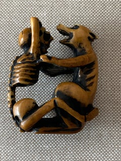 Japanese Netsuke Skeleton and Wolf Signed Koun Meiji Period