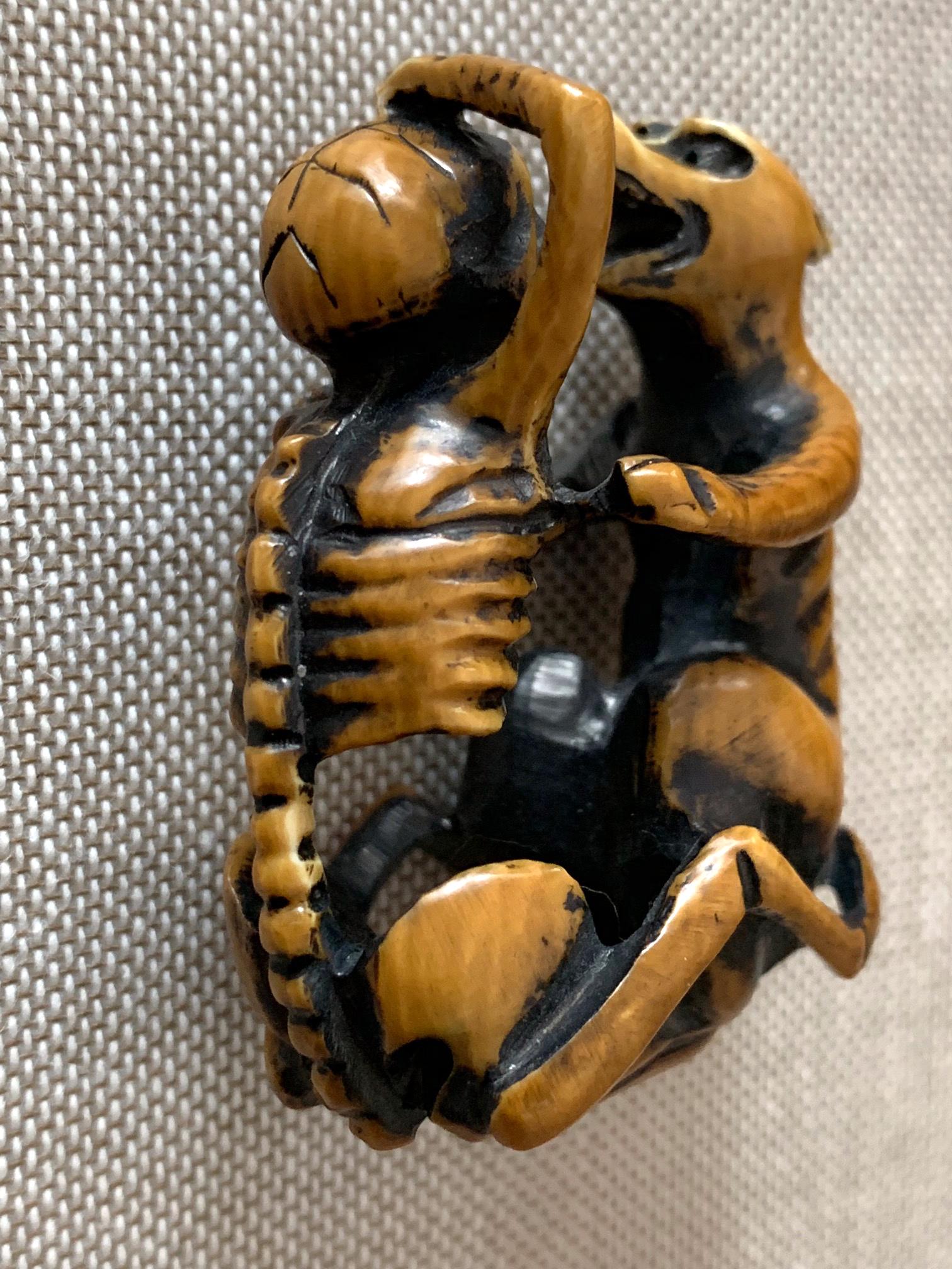 Japonisme Japanese Netsuke Skeleton and Wolf Meiji Period