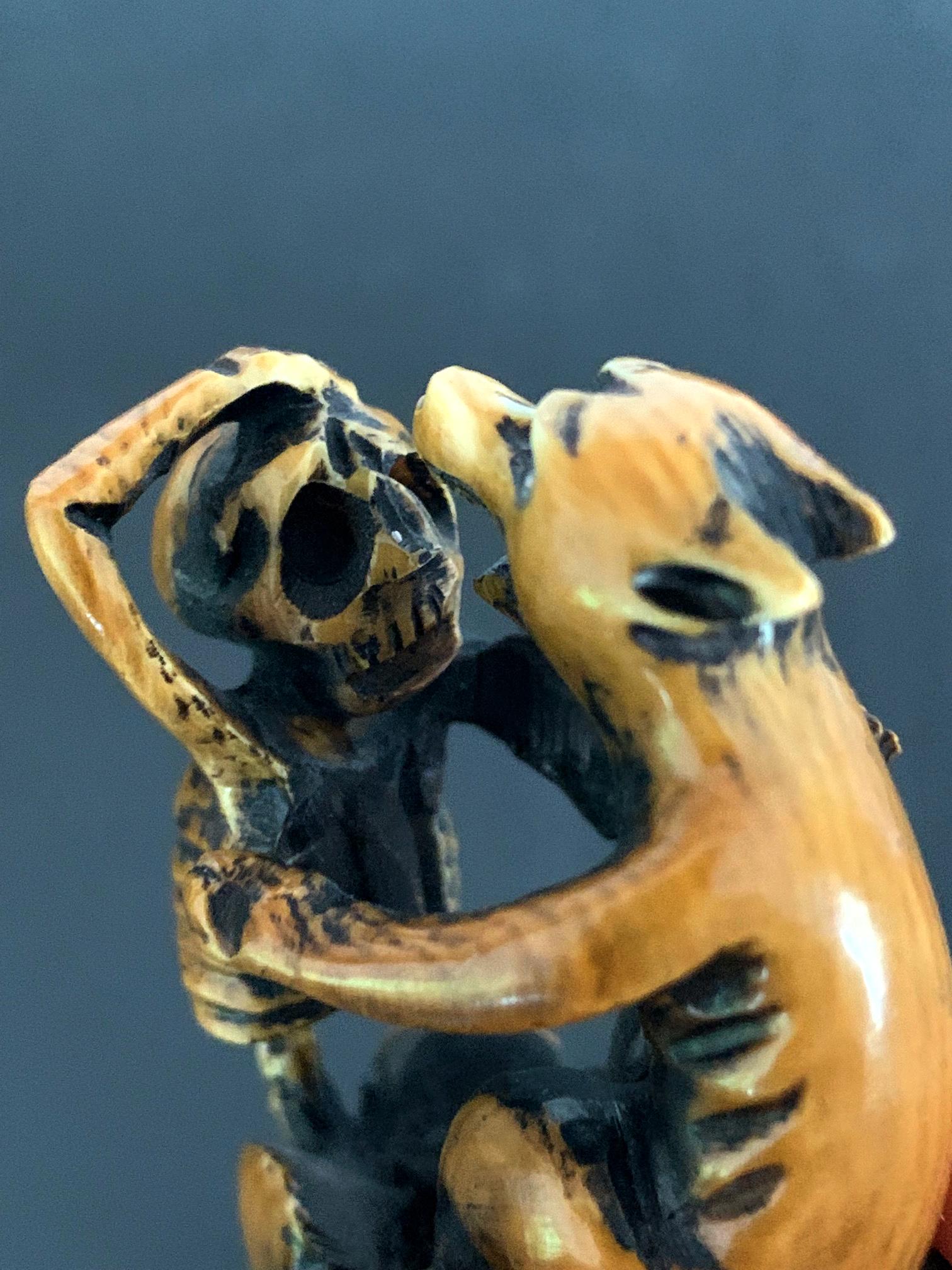 19th Century Japanese Netsuke Skeleton and Wolf Meiji Period