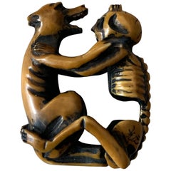 Japanese Netsuke Skeleton and Wolf Meiji Period